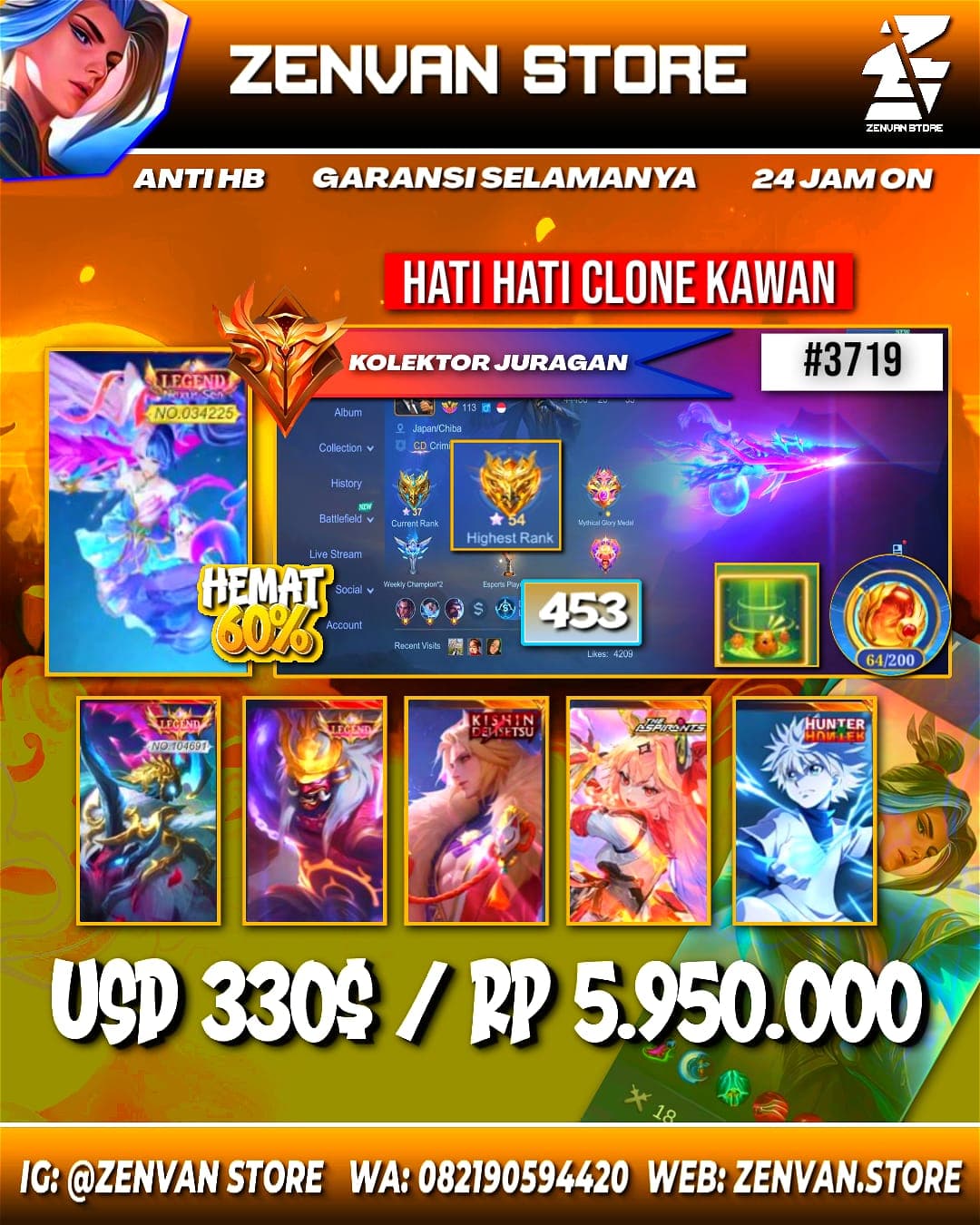 Foto akun ML #3719 🔥 453 Skins 🔥 3 Legends 🔥 3 Collectors 🔥 HxH Killua & Gon 🔥 Valentine Lance 🔥 Aspirant Guinevere & Chang’e 🔥 Saint Seiya Chou 🔥 Prime Claude & Granger 🔥 KoF Dyroth, Aurora & Karina 🔥 C - gambar 1
