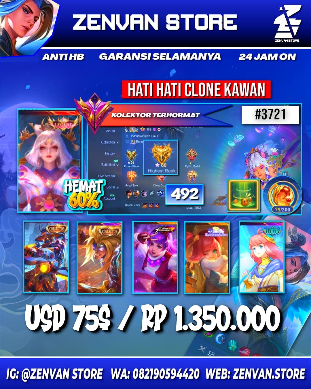 Foto akun ML #3721 🔥 492 Skins 🔥 Legend Lunox 🔥 3 Collectors 🔥 KoF Guinevere & Karina 🔥 Sanrio Chang’e & Floryn 🔥 Prime Yu Zhong 🔥 SpongeBob 🔥 Many Limited 🔥 Many Zodiacs 🔥 Many Epic 🔥 Safe Account ✅ - gambar 1