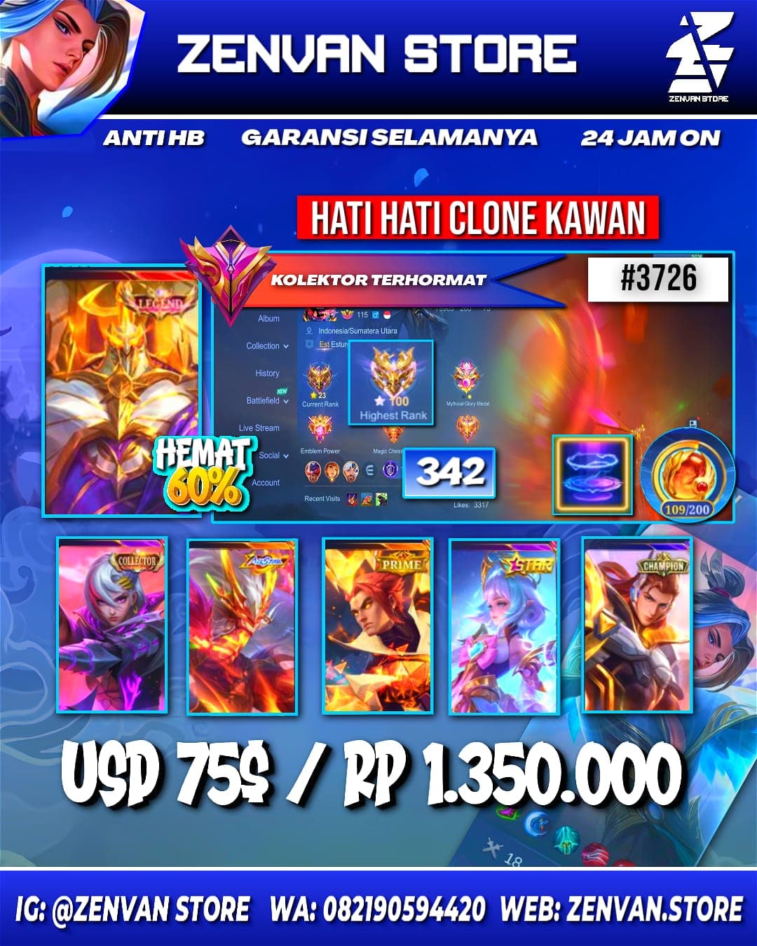 Foto akun ML #3726 🔥 342 Skins 🔥 Legend Johnson 🔥 2 Collectors 🔥 Internal Moskov 🔥 Prime Yu Zhong 🔥 SpongeBob 🔥 KoF Karina 🔥 Many Limited 🔥 Many Epic 🔥 Safe Account ✅ - gambar 1