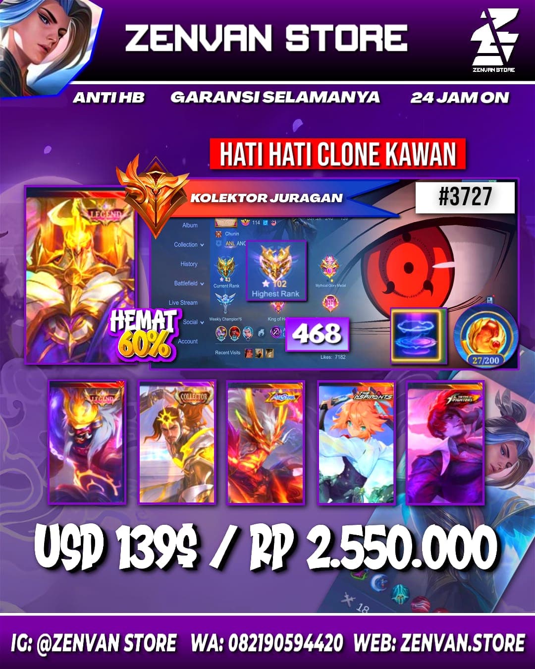 Foto akun ML #3727 🔥 468 Skins 🔥 2 Legends 🔥 2 Collectors 🔥 Sasuke 🔥 Internal Moskov 🔥 Aspirant Fanny & Ruby 🔥 KoF Series 🔥 Transformers Roger 🔥 SpongeBob 🔥 Many Limited 🔥 Many Zodiacs 🔥 Many Epic 🔥 S - gambar 1