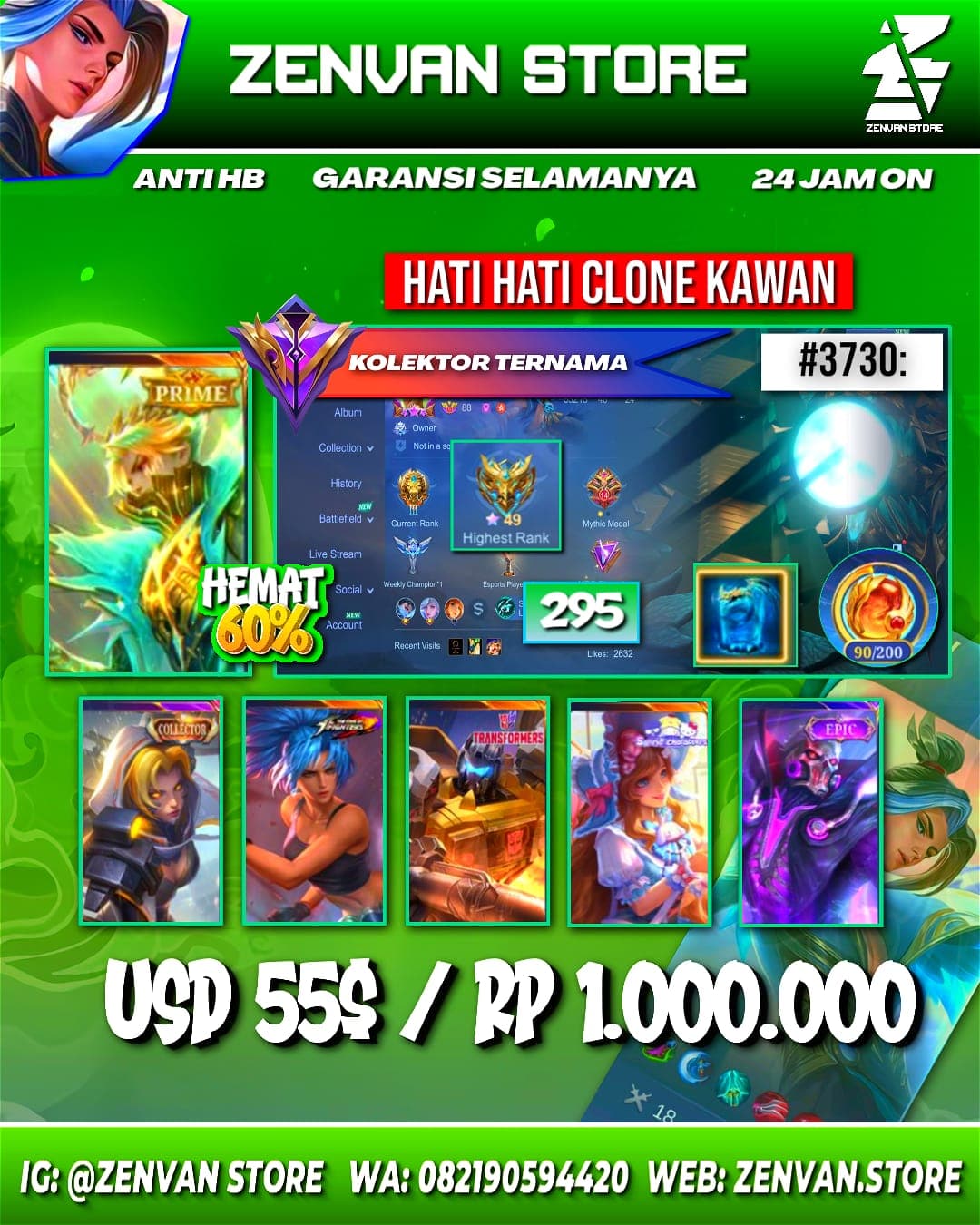 Foto akun ML #3730 🔥 295 Skins 🔥 Collector Natalia 🔥 Prime Granger 🔥 Transformers Roger 🔥 KoF Karina 🔥 Many Epic 🔥 Safe Account ✅ - gambar 1