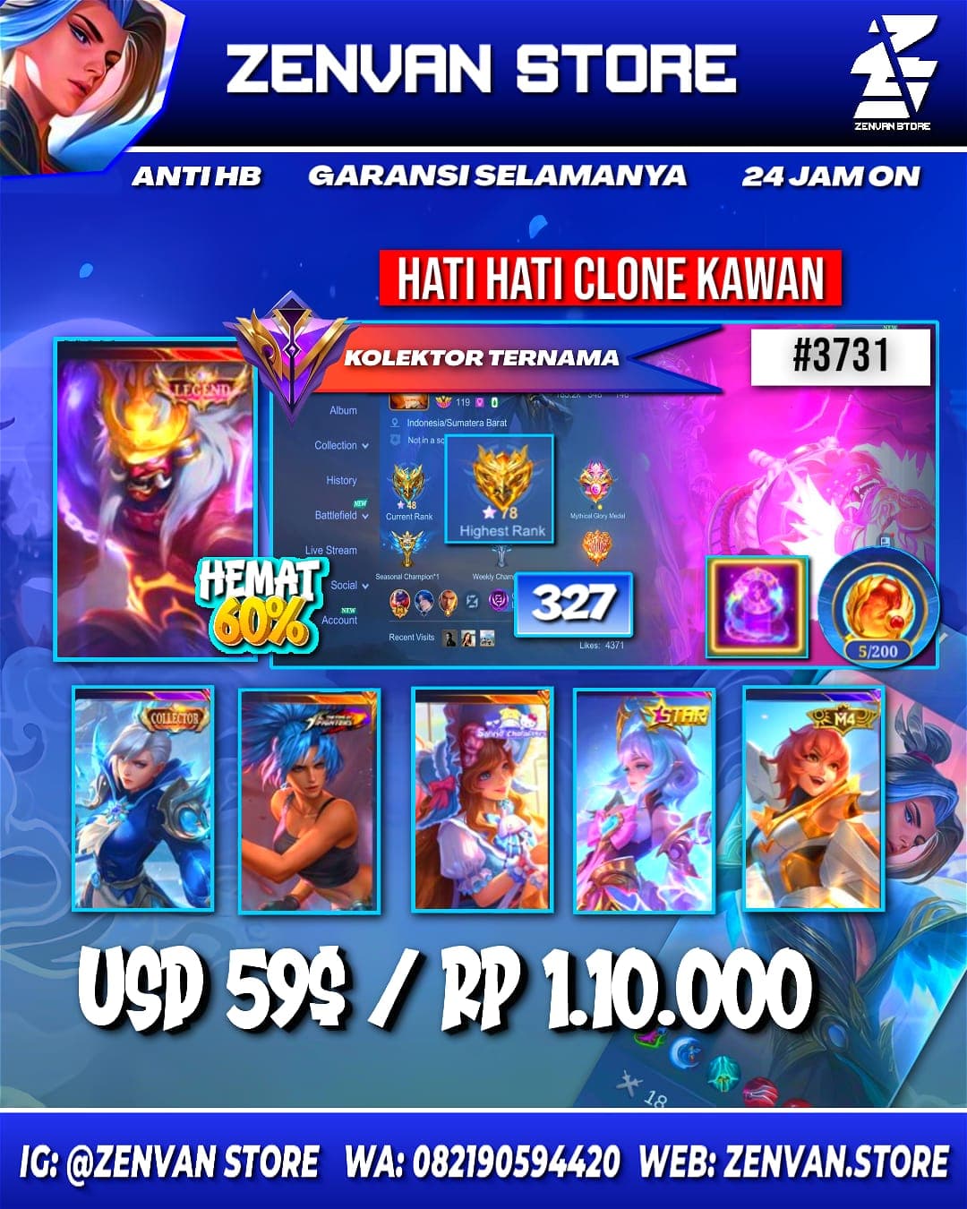 Foto akun ML #3731 🔥 327 Skins 🔥 Legend Franco 🔥 2 Collectors 🔥 KoF Karina 🔥 Many Limited 🔥 Many Epic 🔥 Safe Account ✅ - gambar 1