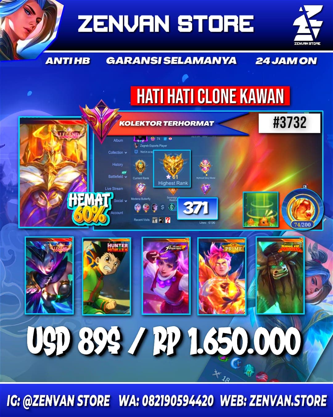Foto akun ML #3732 🔥 371 Skins 🔥 2 Legends 🔥 HxH Gon 🔥 Prime Claude 🔥 Transformers Roger 🔥 KoF Guinevere & Karina 🔥 Many Limited 🔥 Many Zodiacs 🔥 Many Epic 🔥 Safe Account ✅ - gambar 1