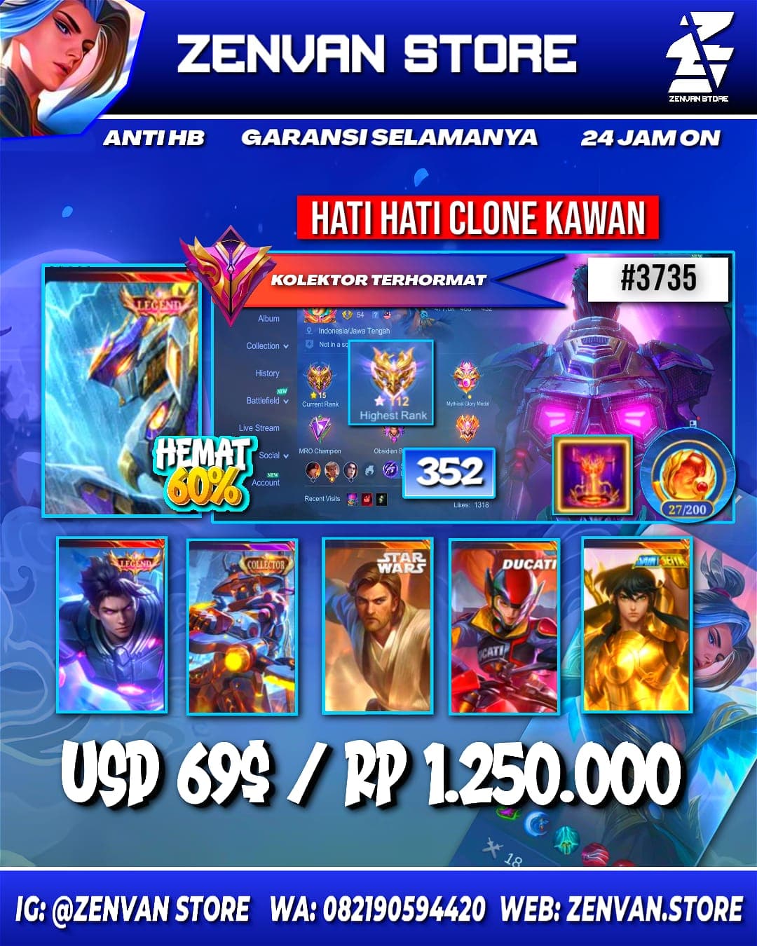 Foto akun ML #3735 🔥 352 Skins 🔥 2 Legends 🔥 2 Collectors 🔥 Ducati Irithel 🔥 KoF Karina 🔥 Many Limited 🔥 Many Zodiacs 🔥 Many Epic 🔥 Safe Account ✅ - gambar 1