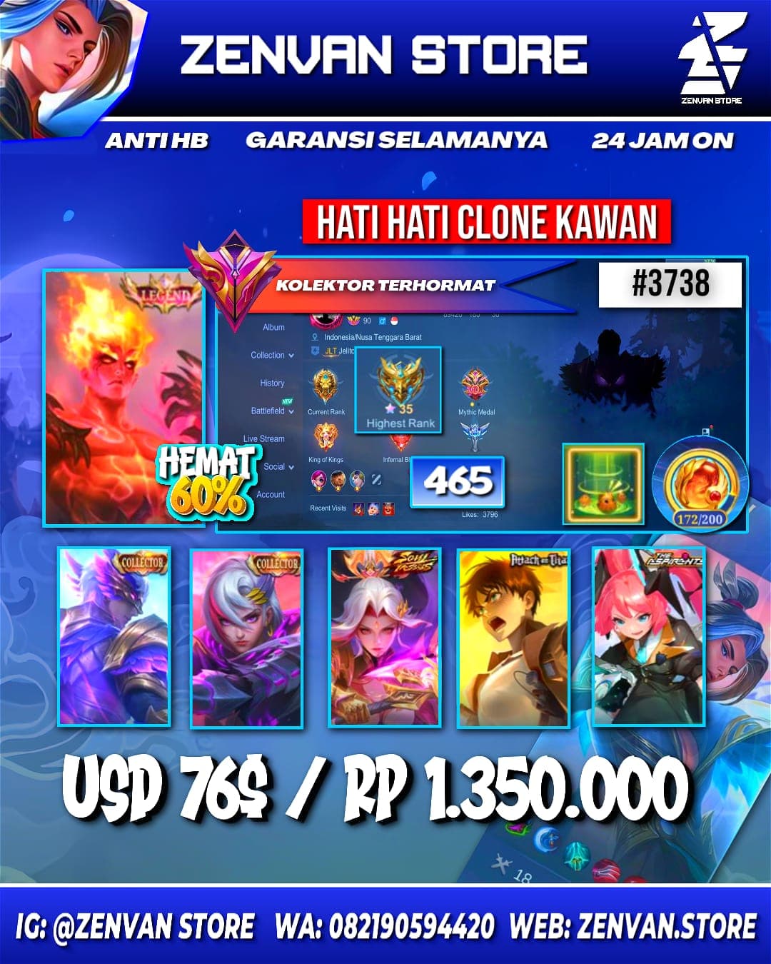Foto akun ML #3738 🔥 465 Skins 🔥 Legend Valir 🔥 3 Collectors 🔥 AoT Eren 🔥 Soul Vessels Hanabi 🔥 Aspirant Layla 🔥 Prime Yu Zhong & Beatrix 🔥 Clouds Kagura 🔥 Stun Chou 🔥 KoF Karina 🔥 Transformers Roger 🔥 - gambar 1