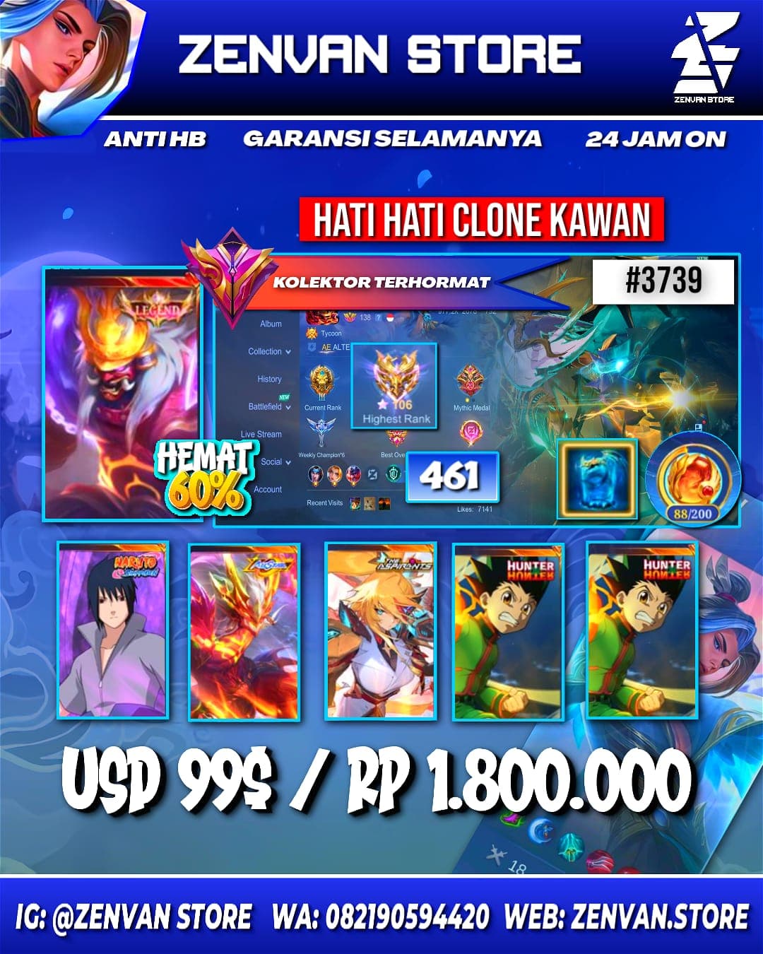 Foto akun ML #3739 🔥 461 Skins 🔥 Legend Franco 🔥 Collector Natalia 🔥 Sasuke 🔥 Internal Moskov 🔥 HxH Gon 🔥 Aspirant Lesley 🔥 Prime Granger & Claude 🔥 Stun Chou 🔥 M-World Ling 🔥 KoF Guinevere & Karina 🔥 - gambar 1