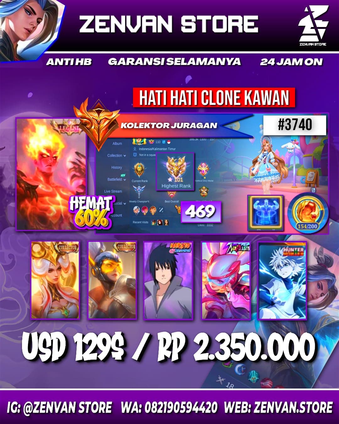 Foto akun ML #3740 🔥 469 Skins 🔥 Legend Valir 🔥 3 Collectors 🔥 Sasuke 🔥 Neobeast Lylia 🔥 HxH Killua 🔥 Aspirant Trio 🔥 Prime Claude, Yu Zhong & Beatrix 🔥 Transformers Granger & Roger 🔥 KoF Karina 🔥 Spong - gambar 1