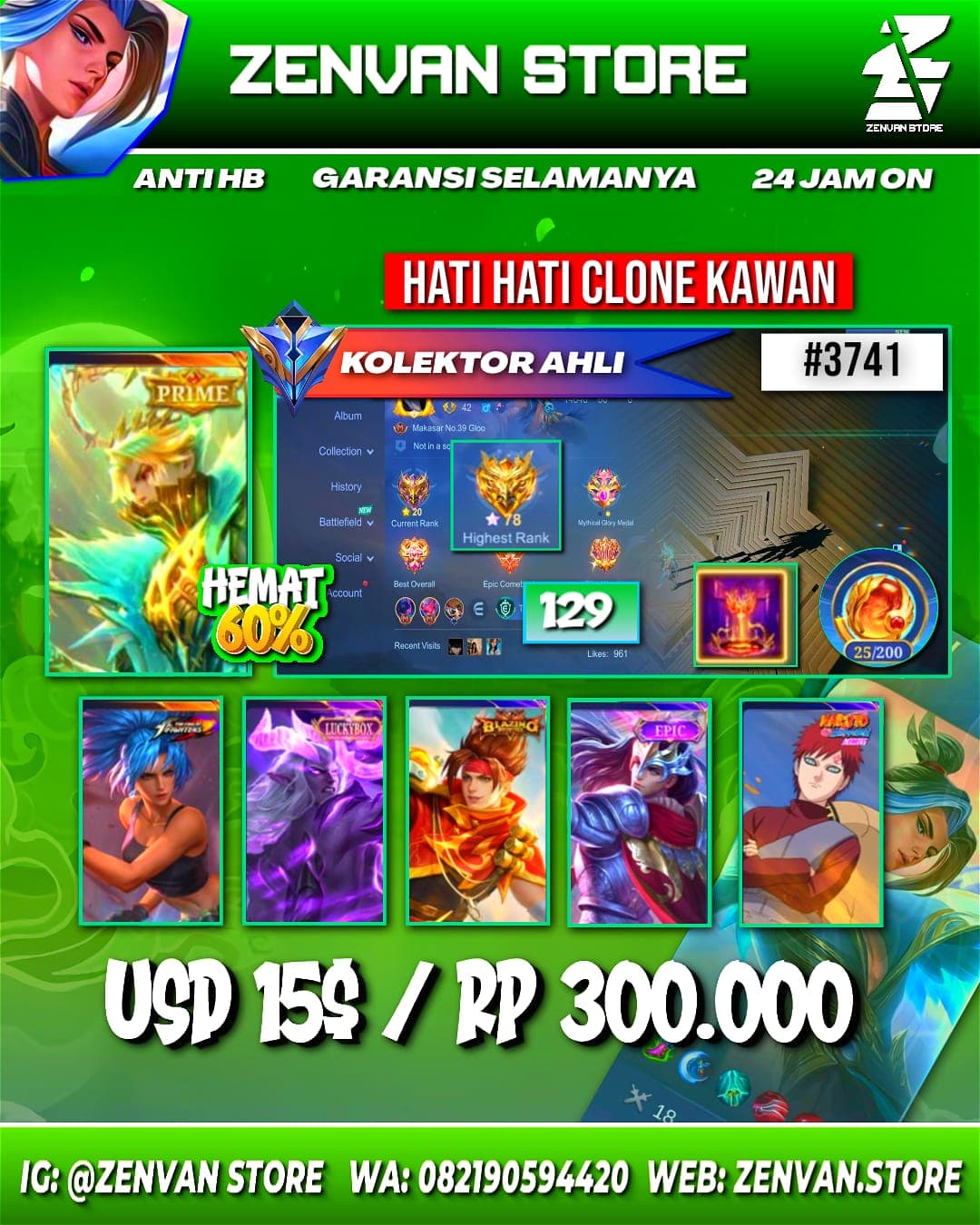 Foto akun ML #3741 🔥 129 Skins 🔥 KoF Karina 🔥 Prime Granger 🔥 SpongeBob 🔥 Many Epic 🔥 Safe Account ✅ - gambar 1
