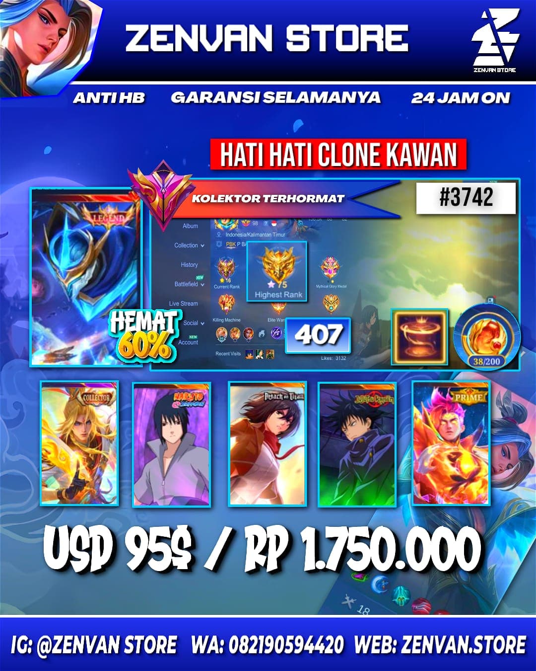 Foto akun ML #3742 🔥 407 Skins 🔥 Legend Gusion 🔥 2 Collectors 🔥 Sasuke 🔥 AoT Mikasa 🔥 Jujutsu Kaisen Megumi 🔥 Prime Claude & Yu Zhong 🔥 Transformers Roger 🔥 KoF Karina 🔥 SpongeBob 🔥 Many Limited 🔥 Many - gambar 1