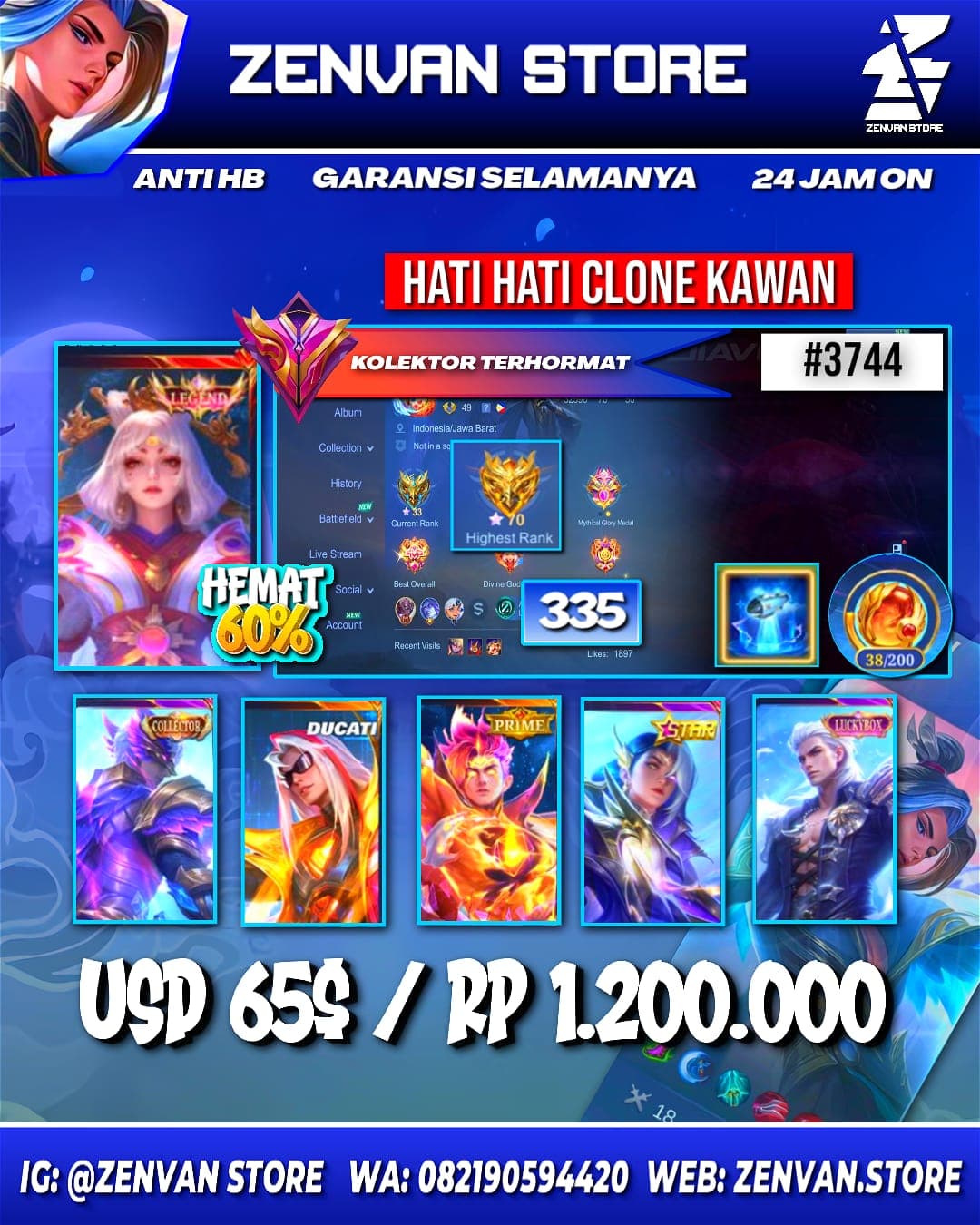 Foto akun ML #3744 🔥 374 Skins 🔥 Legend Lunox 🔥 Collector Gusion 🔥 Ducati Leomord 🔥 Prime Claude 🔥 Stun Chou & Selena 🔥 M-World Wanwan 🔥 Transformers Roger 🔥 KoF Karina 🔥 Many Limited 🔥 Many Epic 🔥 Saf - gambar 1