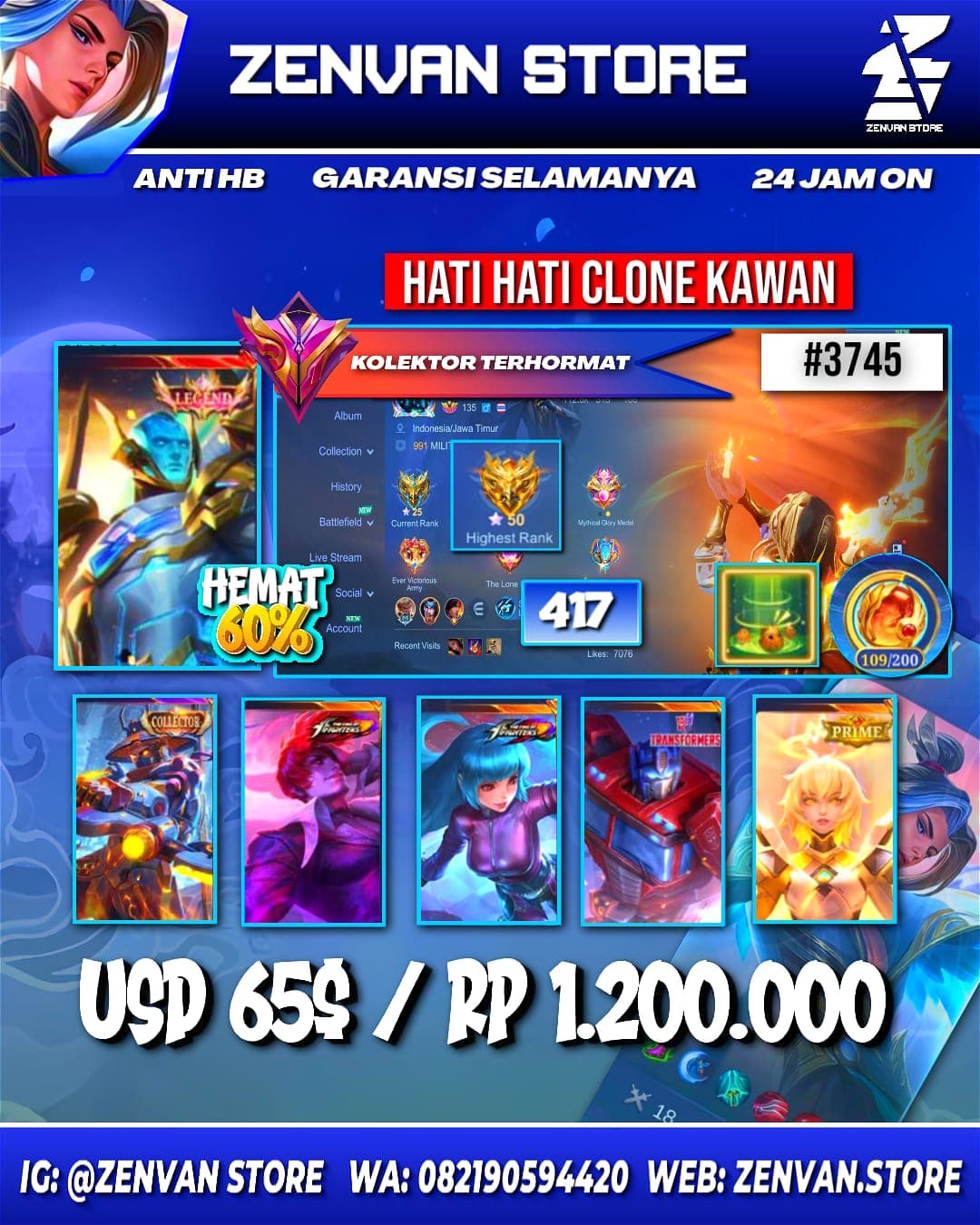 Foto akun ML #3745 🔥 417 Skins 🔥 Legend Gord 🔥 2 Collectors 🔥 Prime Beatrix 🔥 Transformers Johnson & Roger 🔥 KoF Chou, Aurora & Karina 🔥 SpongeBob 🔥 Many Limited 🔥 Many Zodiacs 🔥 Many Epic 🔥 Safe Accoun - gambar 1