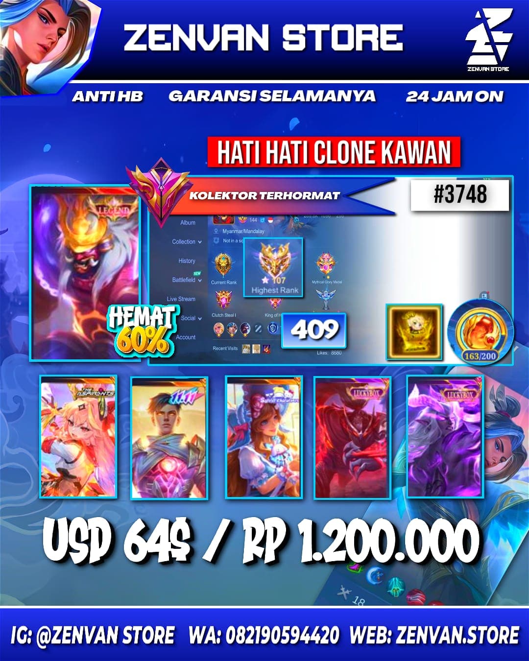 Foto akun ML #3748 🔥 409 Skins 🔥 Legend Franco 🔥 Collector Natalia 🔥 Aspirant Guinevere 🔥 11.11 Gusion 🔥 Prime Claude & Granger 🔥 Stun Selena 🔥 M-World Ling 🔥 Transformers Roger 🔥 KoF Karina 🔥 SpongeBob - gambar 1