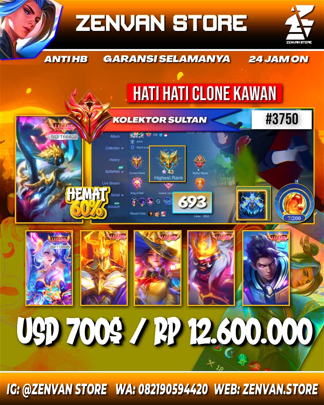 Foto akun ML #3750 🔥 693 Skins 🔥 6 Legends 🔥 5 Collectors 🔥 Naruto Full Set (Itachi, Sasuke, Kakashi, Sakura) 🔥 Jujutsu Kaisen Gojo & Megumi 🔥 HxH Gon & Killua 🔥 AoT Eren 🔥 Ducati Duo 🔥 StarWars Argus & K - gambar 1