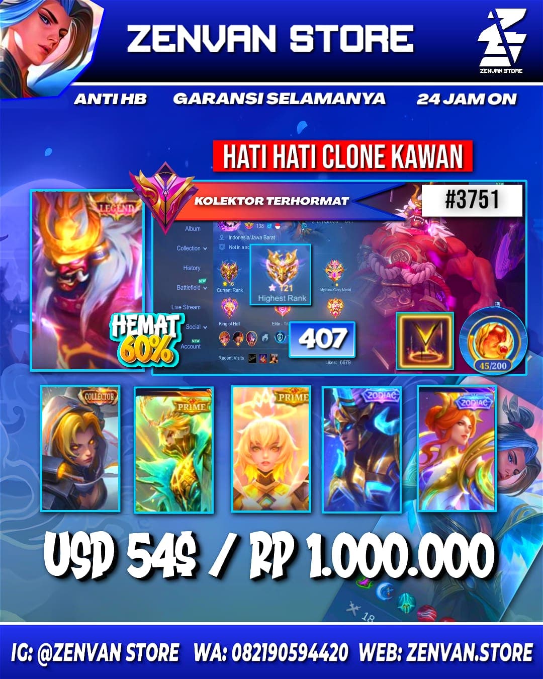 Foto akun ML #3751 🔥 407 Skins 🔥 Legend Franco 🔥 Collector Natalia 🔥 Prime Granger & Beatrix 🔥 SpongeBob 🔥 KoF Karina 🔥 Many Limited 🔥 Many Zodiacs 🔥 Many Epic 🔥 Safe Account ✅ - gambar 1