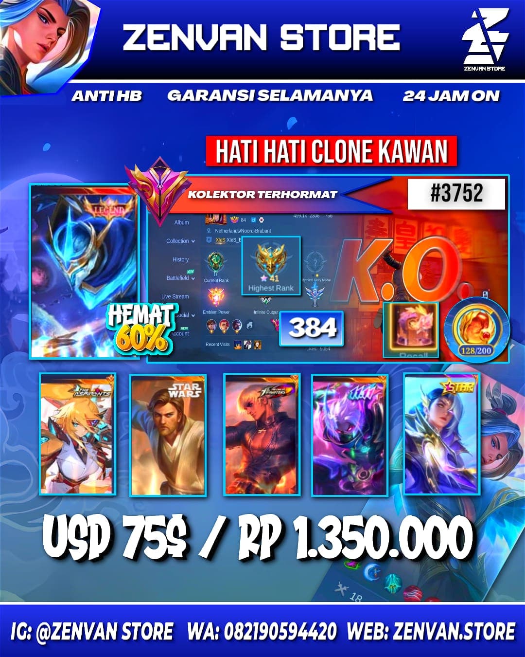 Foto akun ML #3752 🔥 385 Skins 🔥 Legend Gusion 🔥 11.11 Hayabusa 🔥 Ducati Benedetta 🔥 StarWars Alucard 🔥 Aspirant Lesley & Angela 🔥 KoF Gusion, Guinevere & Karina 🔥 Transformers Roger 🔥 Stun Chou 🔥 Many L - gambar 1