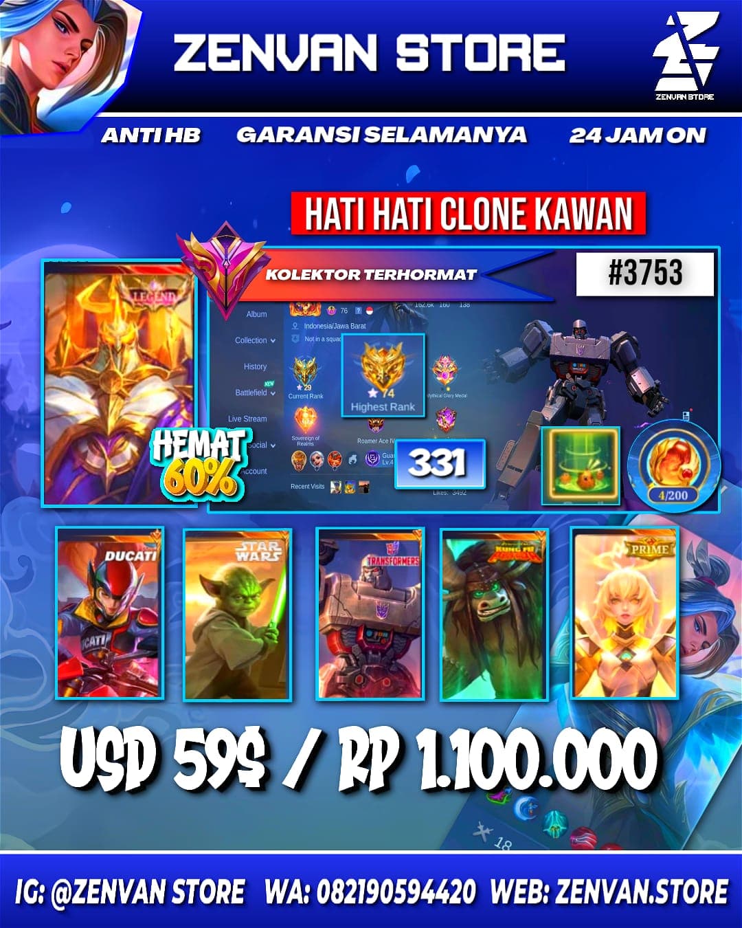 #3753 🔥 331 Skins 🔥 Legend Johnson 🔥 Collector Natalia 🔥 StarWars Cyclops 🔥 Ducati Irithel 🔥 Transformers Granger & Roger 🔥 Prime Beatrix 🔥 SpongeBob 🔥 KoF Karina 🔥 Many Limited 🔥 Many Zodi