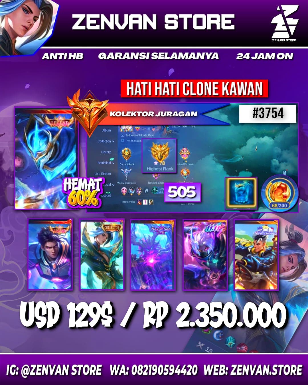 #3754 🔥 505 Skins 🔥 2 Legends 🔥 3 Collectors 🔥 11.11 Hayabusa & Thamuz 🔥 Sanrio Claude & Floryn 🔥 KoF Gusion, Guinevere & Karina 🔥 SpongeBob 🔥 Many Limited 🔥 Many Zodiacs 🔥 Many Epic 🔥 Safe