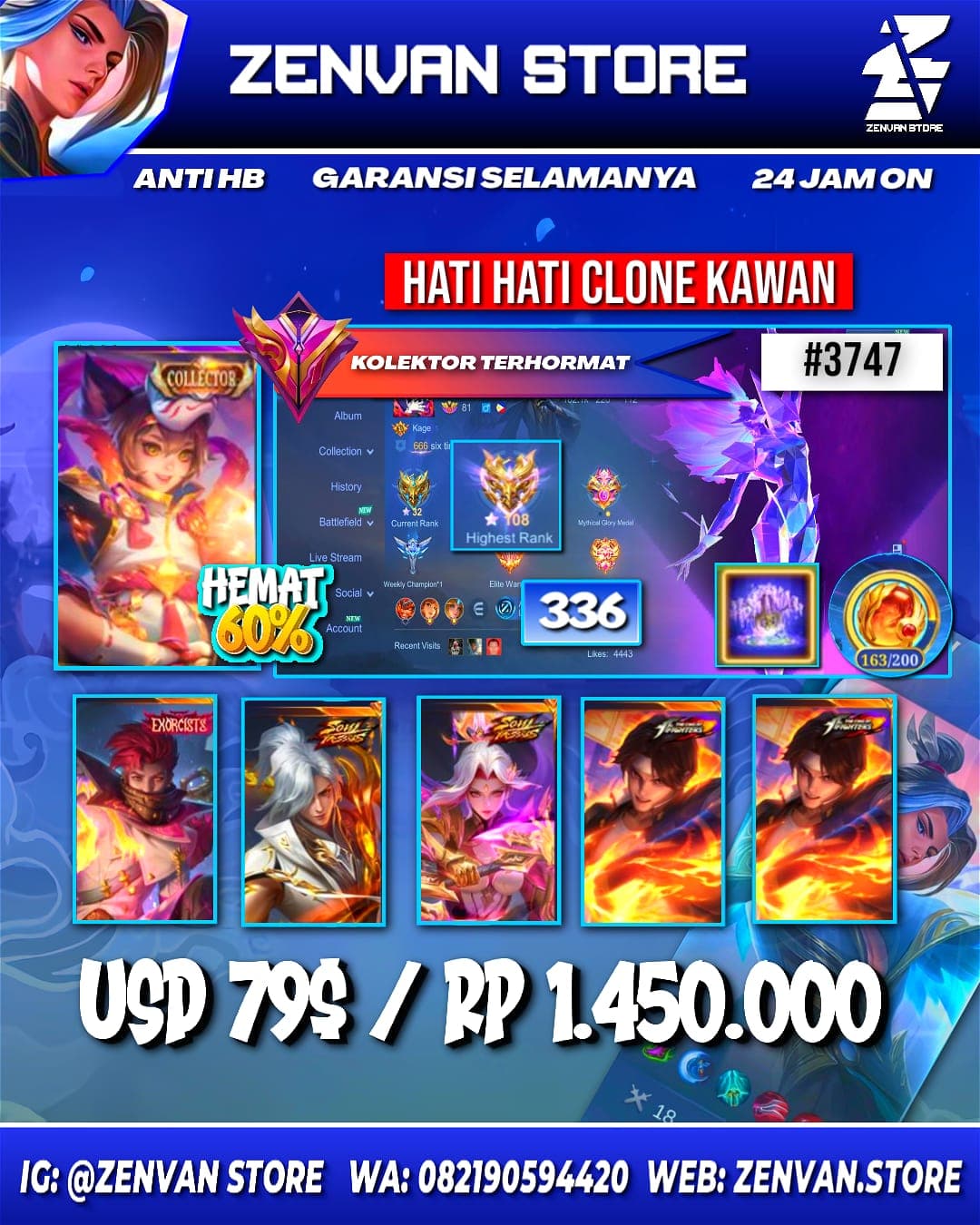 #3747 🔥 336 Skins 🔥 2 Collectors 🔥 Exorcist Granger 🔥 Soul Vessels Aamon & Hanabi 🔥 Prime Granger 🔥 Stun Selena 🔥