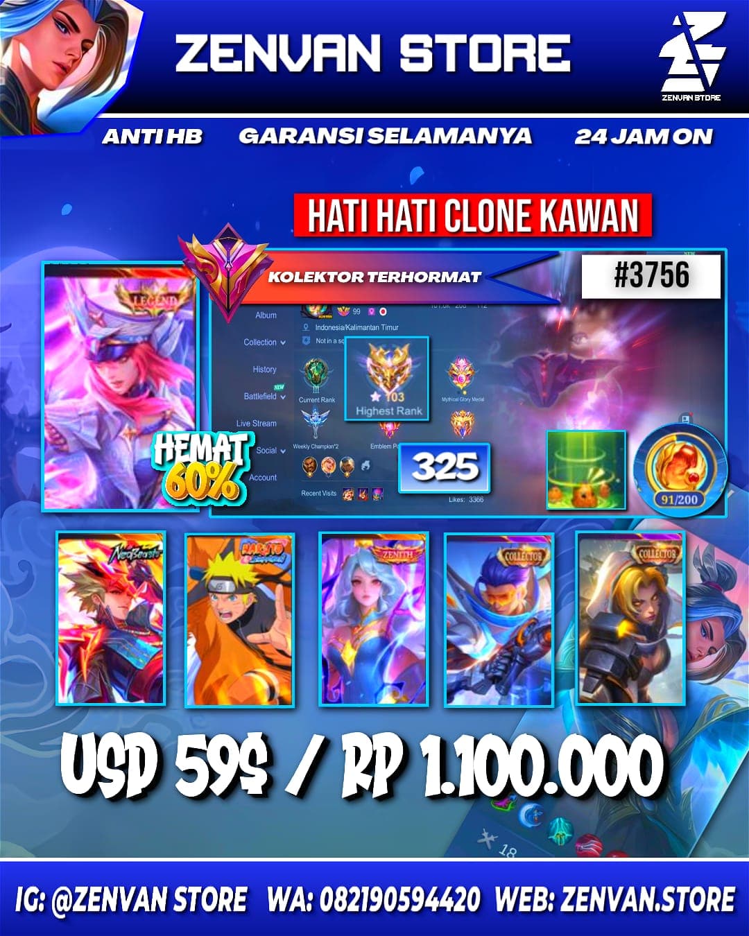 Foto akun ML #3756 🔥 325 Skins 🔥 Legend Freya 🔥 Collector Granger & Natalia 🔥 Neobeast Ling 🔥 Naruto 🔥 Zenith Vexana 🔥 Transformers Roger 🔥 KoF Karina 🔥 Many Limited 🔥 Many Zodiacs 🔥 Many Epic 🔥 Safe A - gambar 1