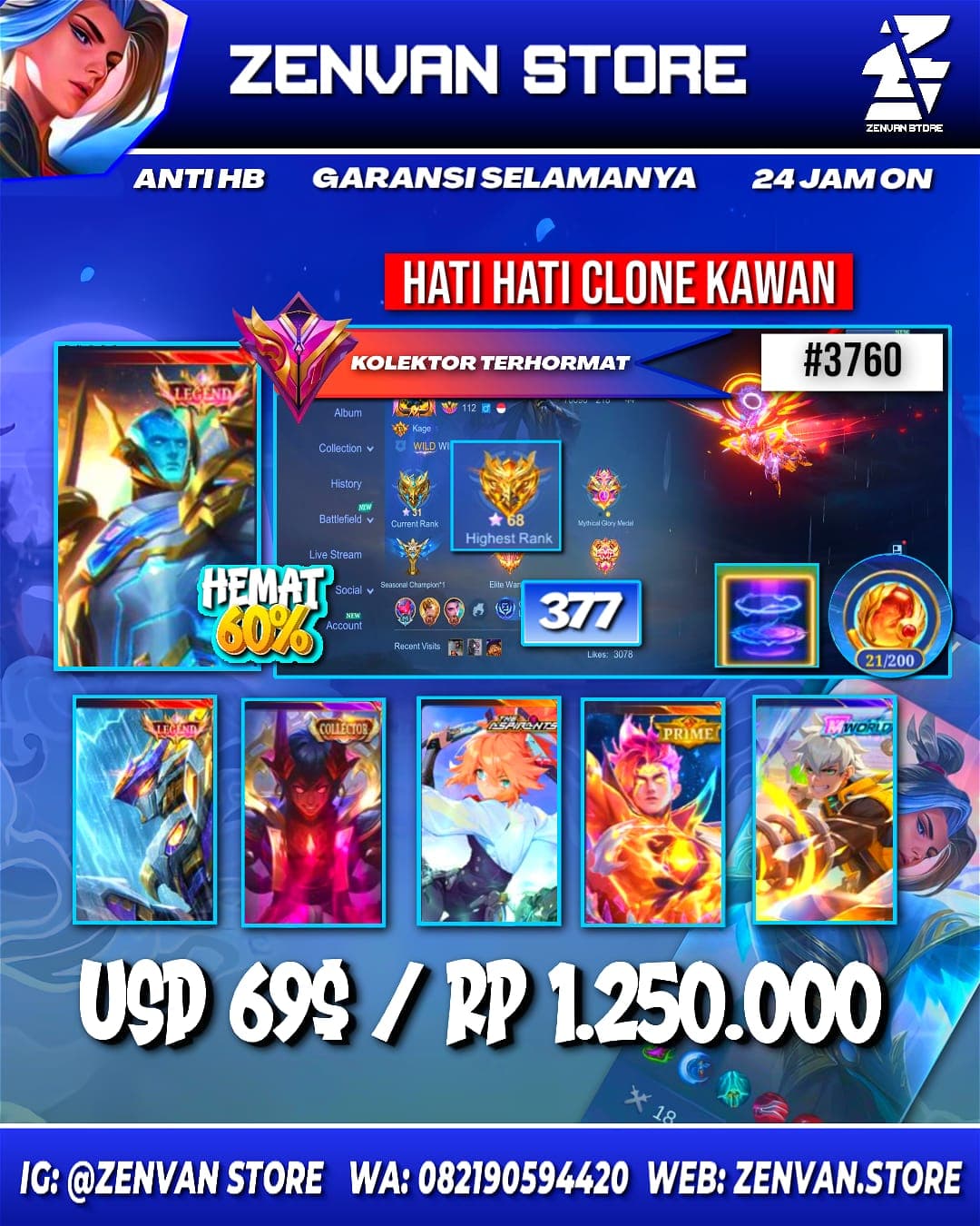 Foto akun ML #3760 🔥 377 Skins 🔥 Legends Saber & Gord 🔥 Collectors Dyroth & Natalia 🔥 Soul Vessel Aamon 🔥 Aspirant Fanny 🔥 Prime Claude & Beatrix 🔥 M-World Ling 🔥 KoF Karina & Aurora 🔥 Many Limited 🔥 Man - gambar 1
