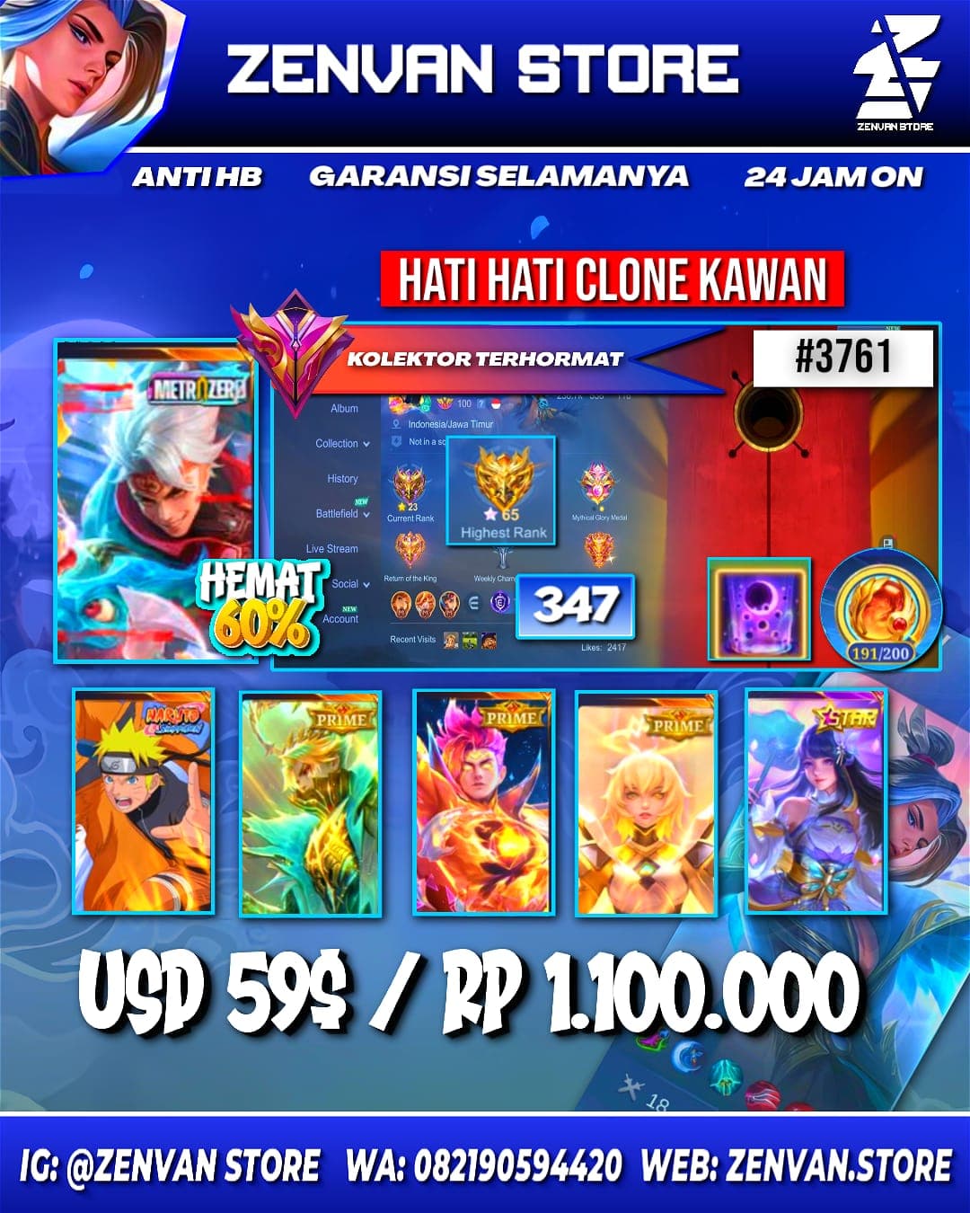Foto akun ML #3761 🔥 347 Skins 🔥 Collector Natalia 🔥 Naruto 🔥 Zero X Borg 🔥 Prime Granger, Claude & Beatrix 🔥 SpongeBob 🔥 Transformers Roger 🔥 KoF Karina 🔥 Many Limited 🔥 Many Zodiacs 🔥 Many Epic 🔥 Saf - gambar 1