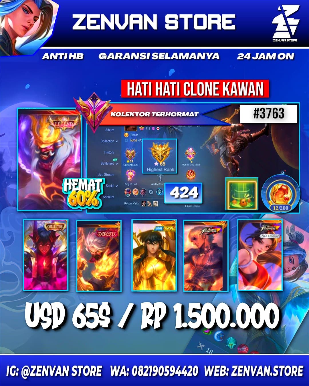 Foto akun ML #3763 🔥 424 Skins 🔥 Legend Franco 🔥 Collectors Dyroth & Natalia 🔥 Exorcist Hayabusa 🔥 Jujutsu Kaisen Itadori 🔥 Ducati Irithel 🔥 Aspirant Chang’e & Layla 🔥 Saint Seiya Chou 🔥 KoF Gusion, Masha - gambar 1