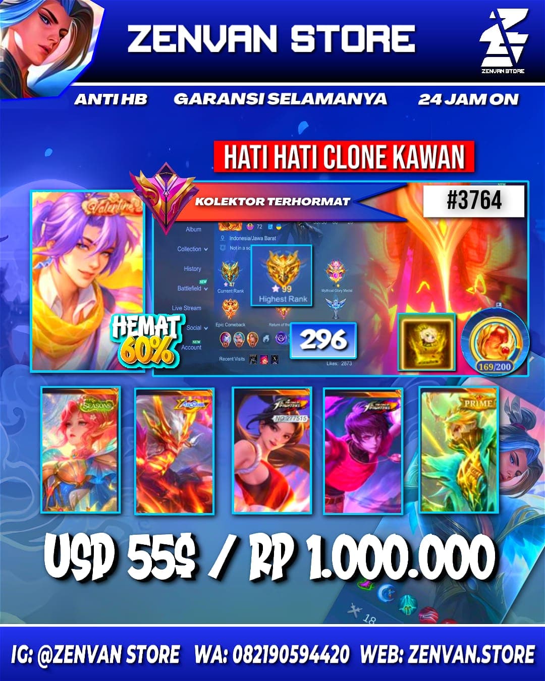 Foto akun ML #3764 🔥 296 Skins 🔥 Valentine Lancelot 🔥 Internal Moskov 🔥 Prime Granger 🔥 Stun Brody 🔥 Transformers Roger 🔥 KoF Masha, Dyroth & Karina 🔥 SpongeBob 🔥 Gara 🔥 Many Limited 🔥 Many Epic 🔥 Safe - gambar 1