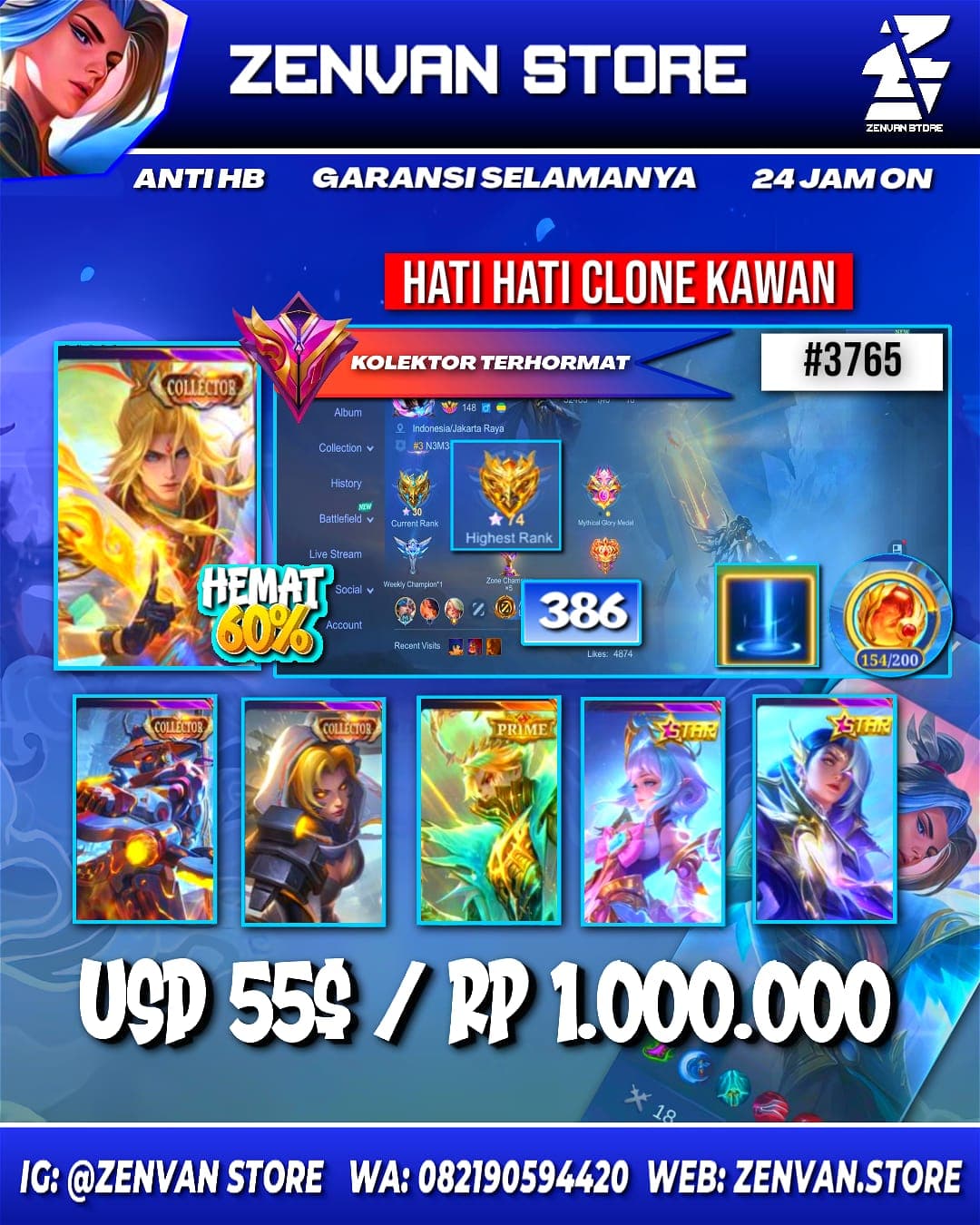#3765 🔥 386 Skins 🔥 Collectors Xavier, Yin Sun Shin & Natalia 🔥 Prime Granger 🔥 SpongeBob 🔥 KoF Karina 🔥 Many Limited 🔥 Many Epic 🔥 Safe Account ✅