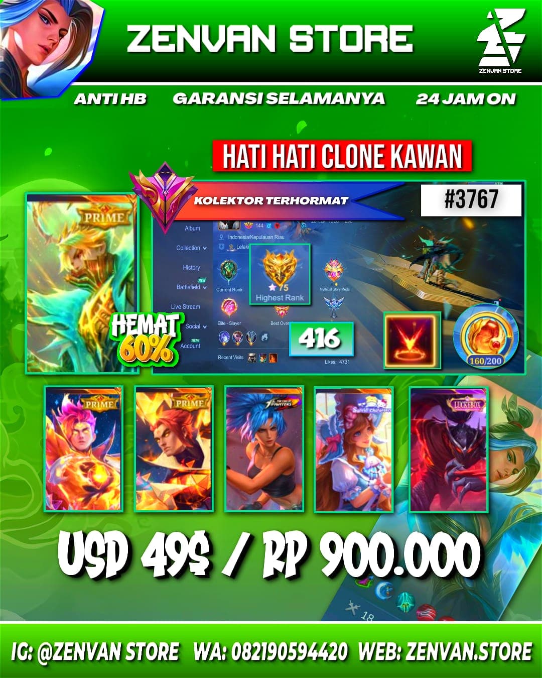#3767 🔥 448 Skins 🔥 Collector Natalia 🔥 Prime Granger, Claude & Yu Zhong 🔥 SpongeBob 🔥 Stun Chou 🔥 KoF Karina 🔥 Many Limited 🔥 Many Zodiacs 🔥 Many Epic 🔥 Safe Account ✅