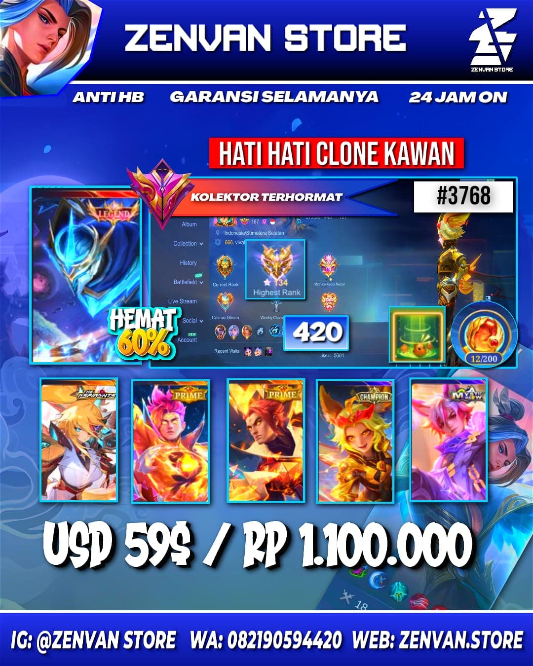 #3768 🔥 420 Skins 🔥 Legend Gusion 🔥 Collector Natalia 🔥 Aspirant Lesley 🔥 Prime Claude & Yu Zhong 🔥 SpongeBob 🔥 KoF Karina 🔥 Many Limited 🔥 Many Zodiacs 🔥 Many Epic 🔥 Safe Account ✅