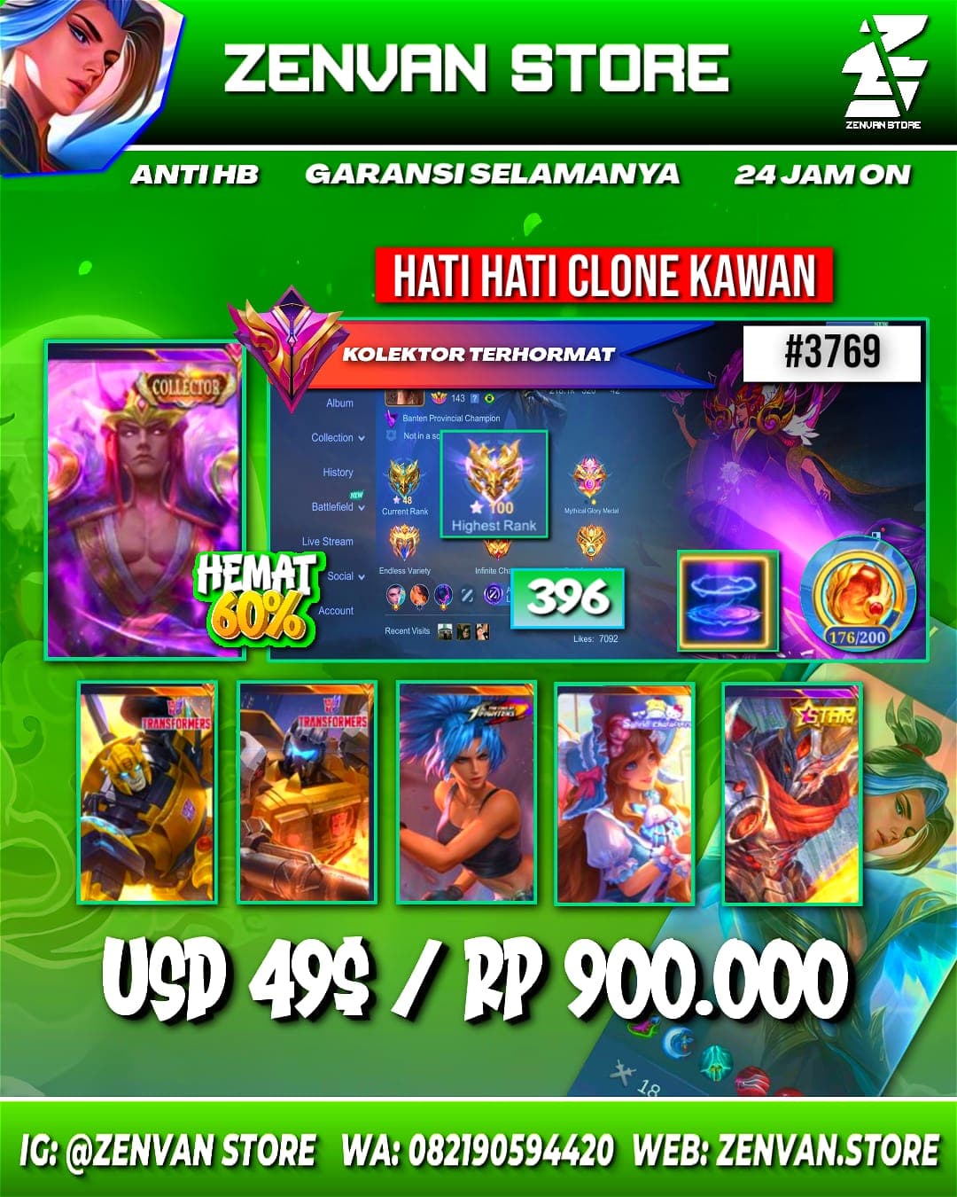#3769 🔥 394 Skins 🔥 Collectors Valir & Natalia 🔥 Transformers Roger & X Borg 🔥 Stun Brody 🔥 SpongeBob 🔥 KoF Karina 🔥 Many Limited 🔥 Many Zodiacs 🔥 Many Epic 🔥 Safe Account ✅