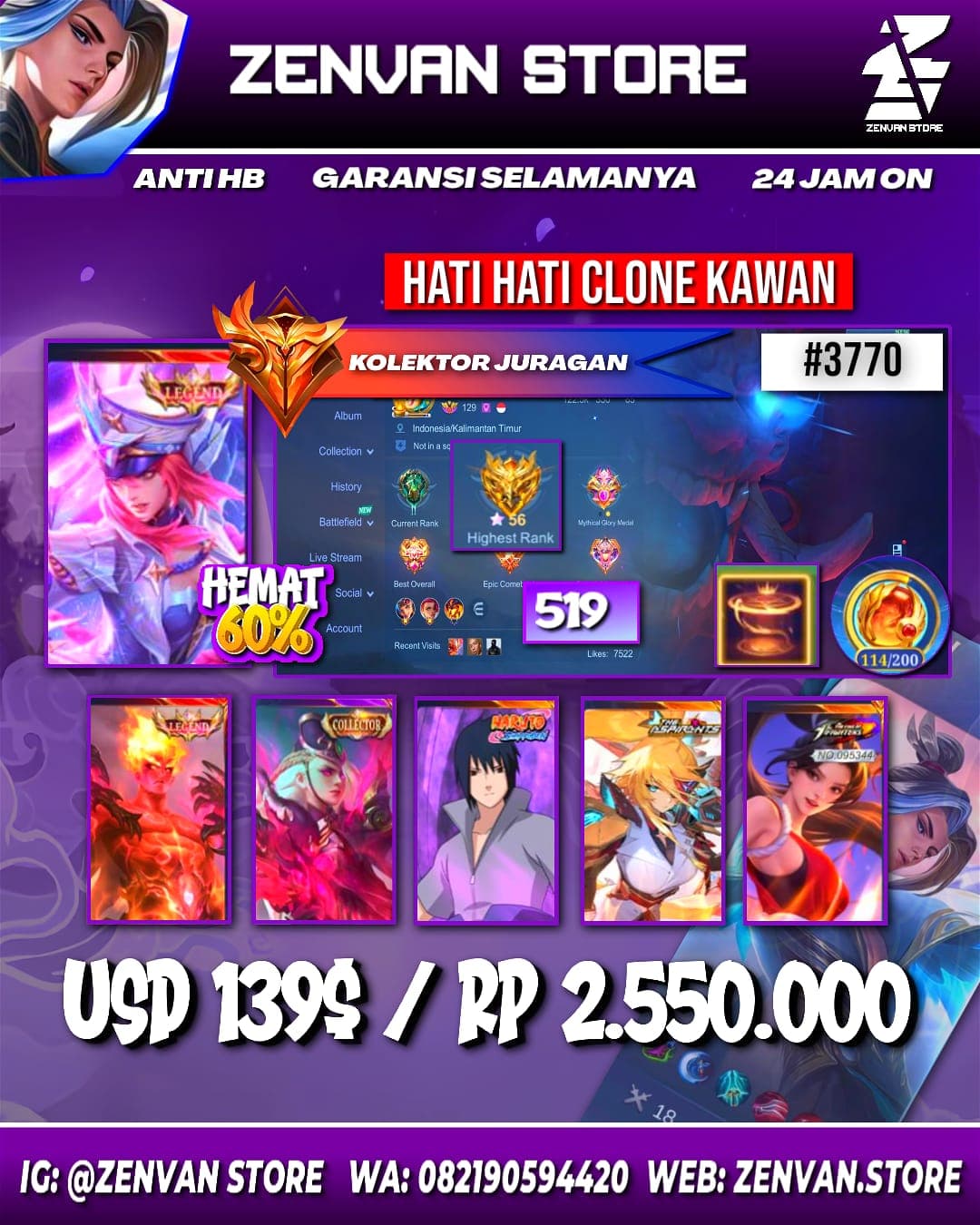 #3770 🔥 519 Skins 🔥 Legends Freya & Valir 🔥 Collectors Lesley & Natalia 🔥 Sasuke 🔥 Aspirant Lesley 🔥 Kungfu Panda Akai & Thamuz 🔥 Transformers Popol, X Borg & Roger 🔥 KoF Masha, Guinevere & Ka