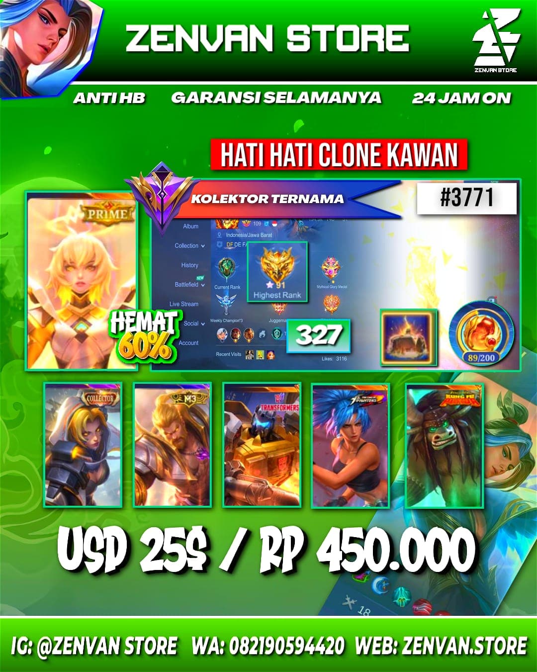 Foto akun ML #3771 🔥 327 Skins 🔥 Collector Natalia 🔥 Prime Beatrix 🔥 Transformers Roger 🔥 KoF Karina 🔥 Many Limited 🔥 Many Epic 🔥 Safe Account ✅ - gambar 1