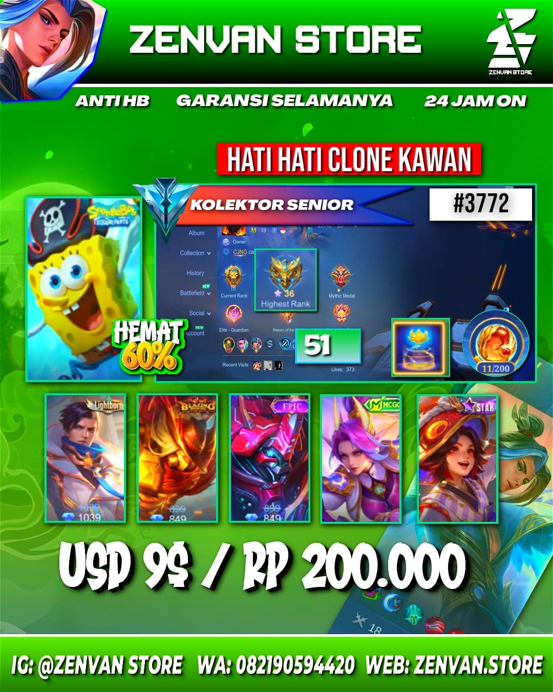 Foto akun ML #3772 🔥 51 Skins 🔥 SpongeBob 🔥 Leaderboard Granger 🔥 Many Epic 🔥 Safe Account ✅ - gambar 1