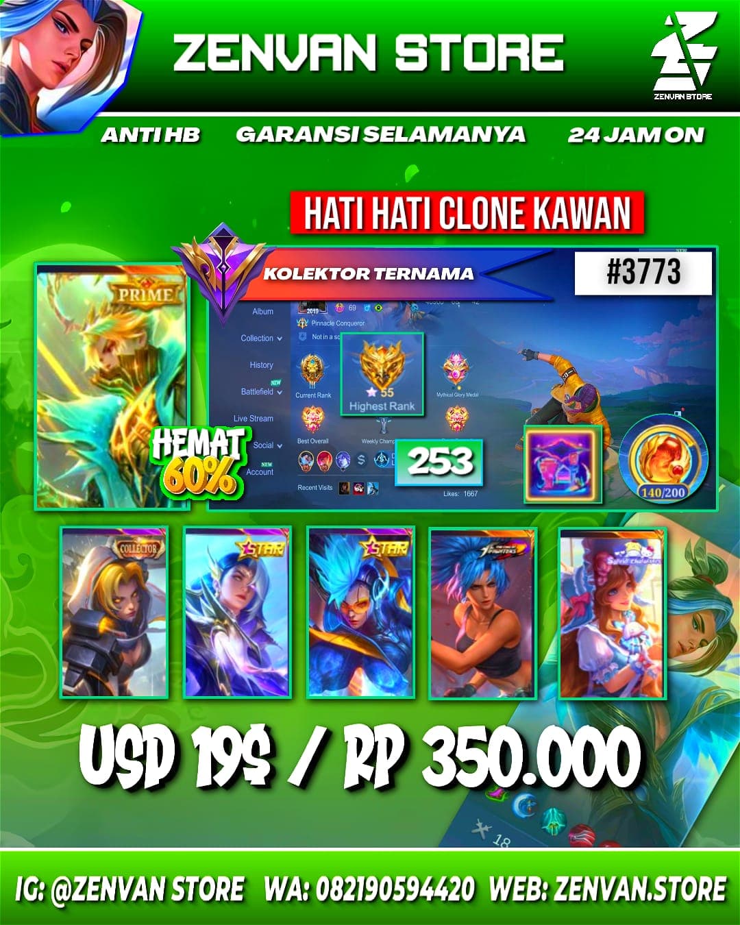 Foto akun ML #3773 🔥 253 Skins 🔥 Collector Natalia 🔥 Prime Granger 🔥 SpongeBob 🔥 KoF Karina 🔥 Many Limited 🔥 Many Zodiacs 🔥 Many Epic 🔥 Safe Account ✅ - gambar 1