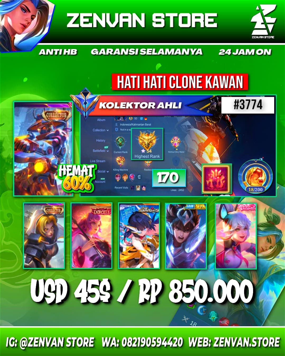 Foto akun ML #3774 🔥 170 Skins 🔥 Collectors Natalia & Yin Sun Shin 🔥 Exorcist Kagura 🔥 Aspirant Ruby 🔥 Gara 🔥 Many Epic 🔥 Safe Account ✅ - gambar 1