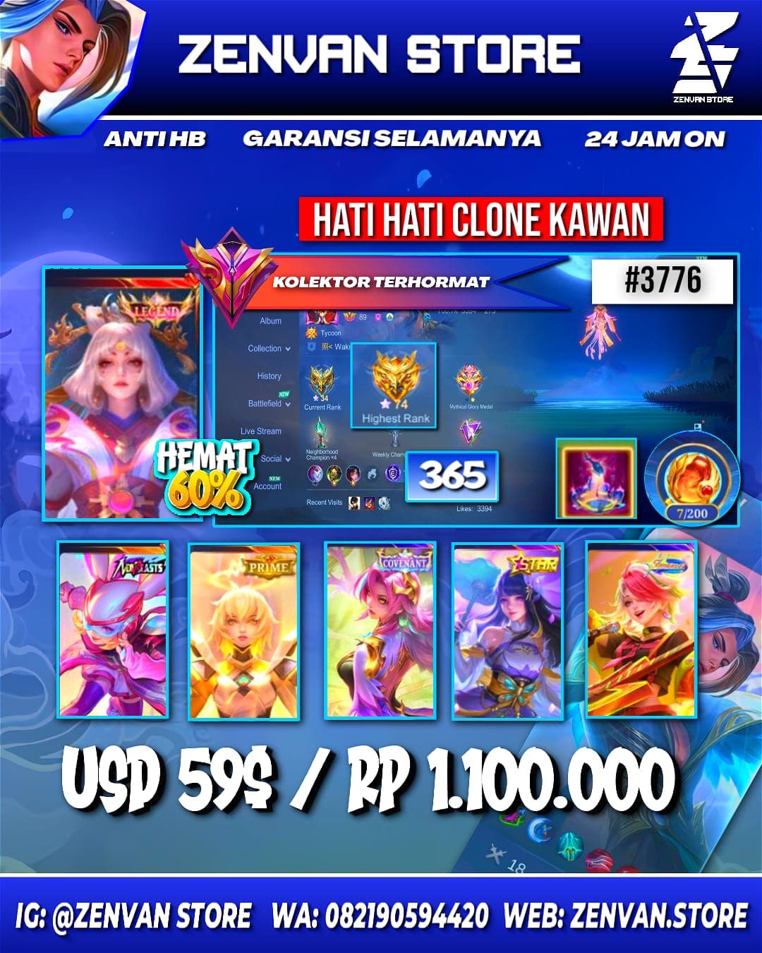 Foto akun ML #3776 🔥 365 Skins 🔥 Legend Lunox 🔥 Collector Natalia 🔥 Prime Beatrix 🔥 Transformers Roger 🔥 SpongeBob 🔥 KoF Karina 🔥 Many Limited 🔥 Many Zodiacs 🔥 Many Epic 🔥 Safe Account ✅ - gambar 1