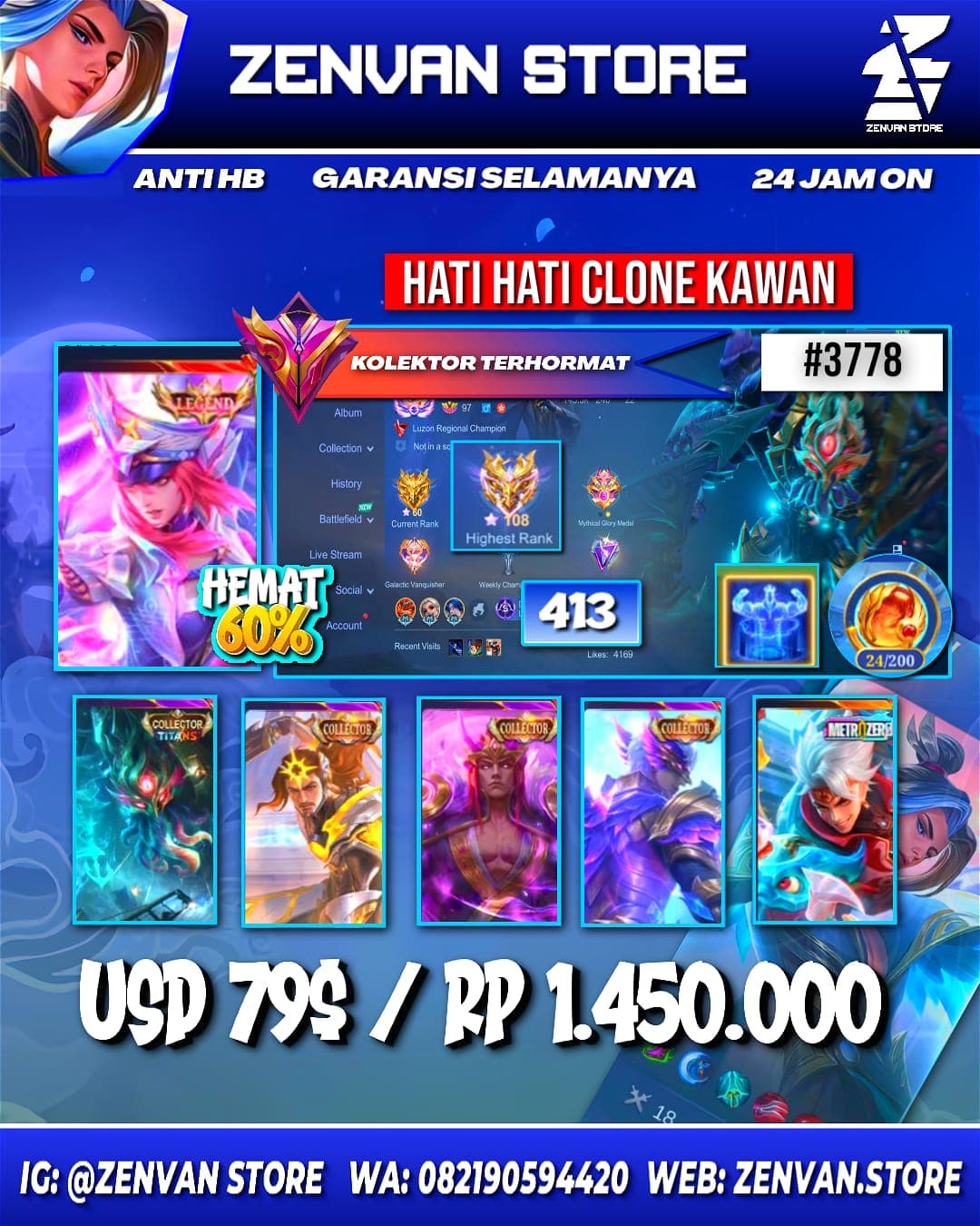 Foto akun ML #3778 🔥 413 Skins 🔥 Legend Freya 🔥 Collectors Grock, Lapu-Lapu, Valir, Gusion & Natalia 🔥 Zero X Borg 🔥 Hunter x Hunter Hisoka 🔥 11.11 Thamuz 🔥 Prime Granger, Claude & Yu Zhong 🔥 SpongeBob 🔥 - gambar 1