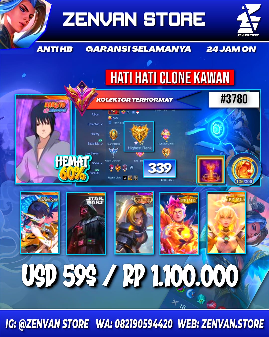 Foto akun ML #3780 🔥 339 Skins 🔥 Collector Natalia 🔥 Sasuke 🔥 Star Wars Argus 🔥 Aspirant Ruby 🔥 Prime Claude & Beatrix 🔥 Sanrio Floryn 🔥 SpongeBob 🔥 KoF Karina 🔥 Many Limited 🔥 Many Zodiacs 🔥 Many Epic - gambar 1