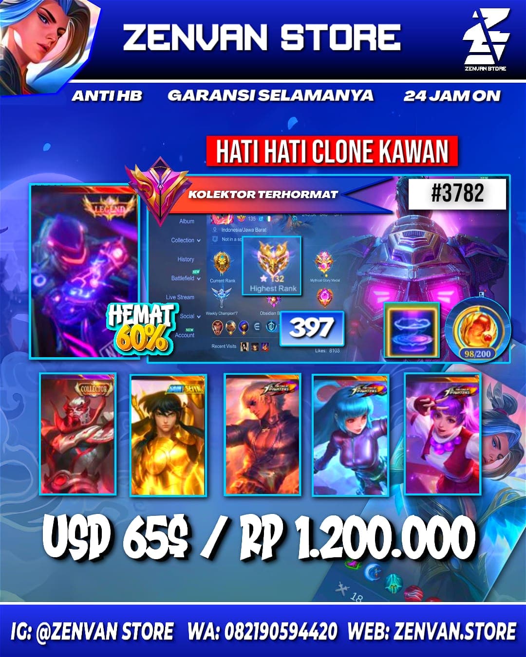 Foto akun ML #3782 🔥 397 Skins 🔥 Legend Alucard 🔥 Collector Yu Zhong 🔥 Saint Seiya Chou 🔥 Prime Granger, Yu Zhong & Beatrix 🔥 Transformers Roger 🔥 KoF Gusion, Guinevere, Aurora & Karina 🔥 SpongeBob 🔥 Many - gambar 1