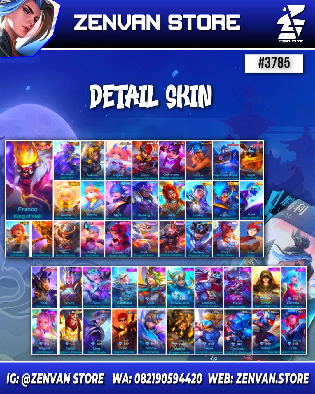 Foto akun ML #3785 🔥 330 Skins 🔥 Legend Franco 🔥 Collectors Gusion & Natalia 🔥 Aspirant Angela 🔥 Ducati Irithel 🔥 Transformers Popol & Roger 🔥 Prime Beatrix 🔥 KoF Guinevere & Karina 🔥 Many Limited 🔥 Many - gambar 1