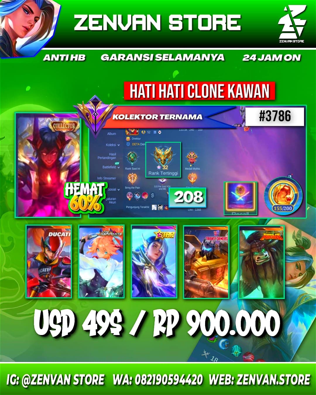 Foto akun ML #3786 🔥 208 Skins 🔥 Collectors Dyroth & Natalia 🔥 Aspirant Fanny 🔥 Ducati Irithel 🔥 Transformers Roger 🔥 Sanrio Floryn 🔥 Many Limited 🔥 Many Zodiacs 🔥 Many Epic 🔥 Safe Account ✅ - gambar 1