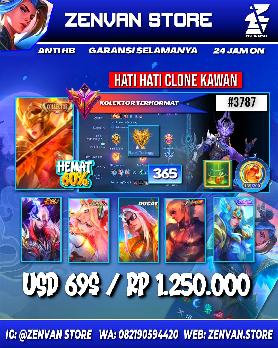 Foto akun ML #3787 🔥 365 Skins 🔥 Collector Pharsa 🔥 Soul Vessel Cecilion 🔥 Ducati Leomord 🔥 Aspirant Guinevere 🔥 Prime Granger & Claude 🔥 Sanrio Floryn 🔥 SpongeBob & Petrix 🔥 KoF Gusion & Karina - gambar 1