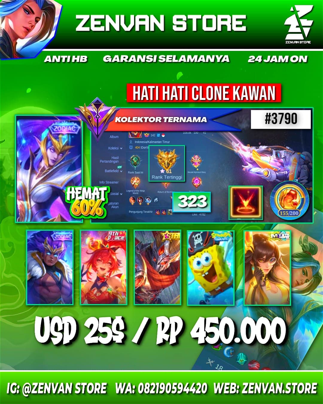 Foto akun ML #3790 🔥 323 Skins 🔥 SpongeBob 🔥 Transformers Roger 🔥 KoF Karina 🔥 Many Limited 🔥 Many Zodiacs 🔥 Many Epic 🔥 Safe Account ✅ - gambar 1