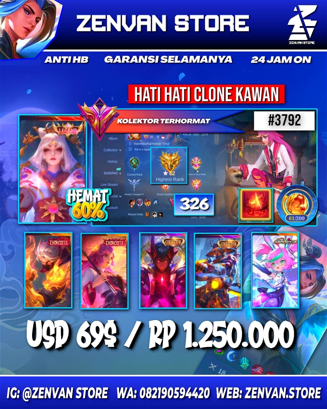 #3792 🔥 326 Skins 🔥 Legend Lunox 🔥 Collectors Dyroth & Yin Sun Shin 🔥 Exorcist Hayabusa & Kagura 🔥 Aspirant Chang’e & Ruby 🔥 Prime Yu Zhong 🔥 KoF Karina 🔥 Many Limited 🔥 Many Zodiacs 🔥 Many