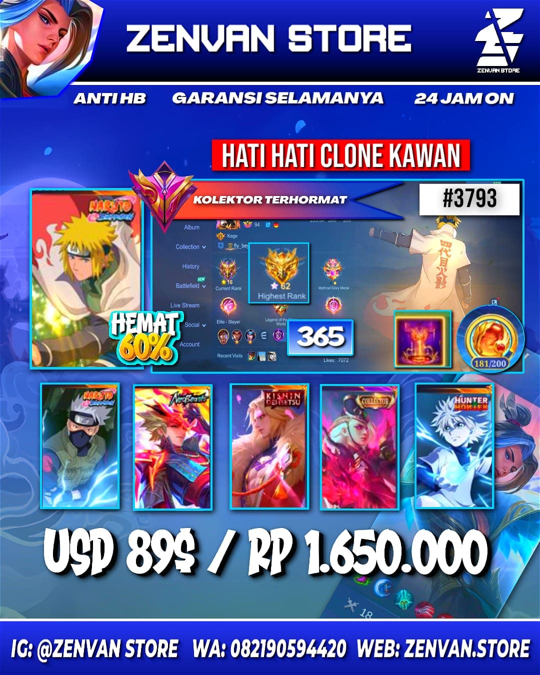 Foto akun ML #3793 🔥 365 Skins 🔥 Collectors Lesley & Natalia 🔥 Minato 🔥 Kakashi 🔥 Neobeast Ling 🔥 Kinshin Lancelot 🔥 Hunter x Hunter Killua 🔥 Attack on Titan Eren 🔥 Prime Granger, Claude & Beatrix 🔥 Stun - gambar 1
