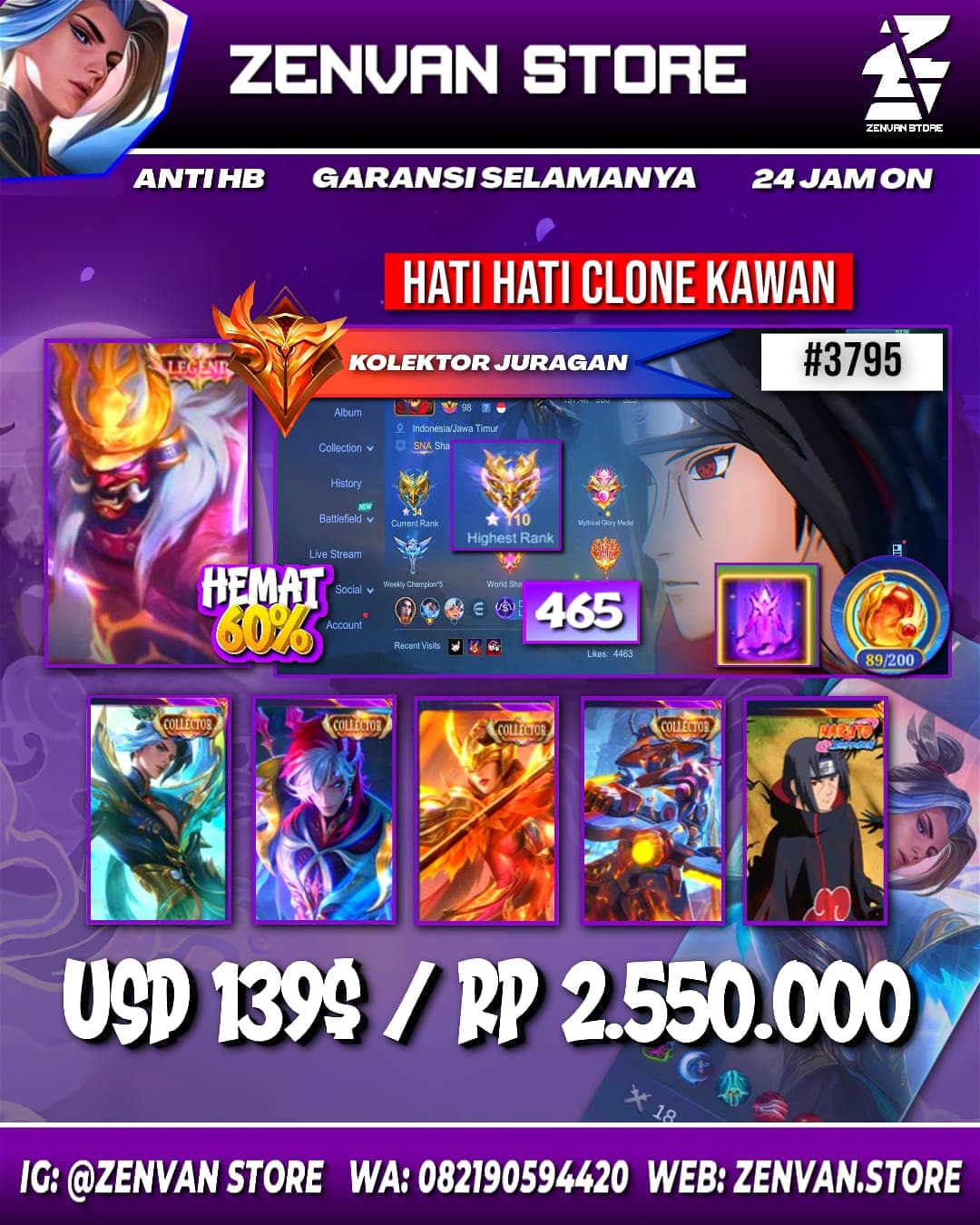 #3795 🔥 465 Skins 🔥 Legend Franco 🔥 Collectors Ling, Aamon, Pharsa, Yin Sun Shin & Natalia 🔥 Valentine Lancelot 🔥 Itachi 🔥 Exorcist Granger 🔥 11.11 Nolan 🔥 Aspirant Guinevere & Angela 🔥 Ducat