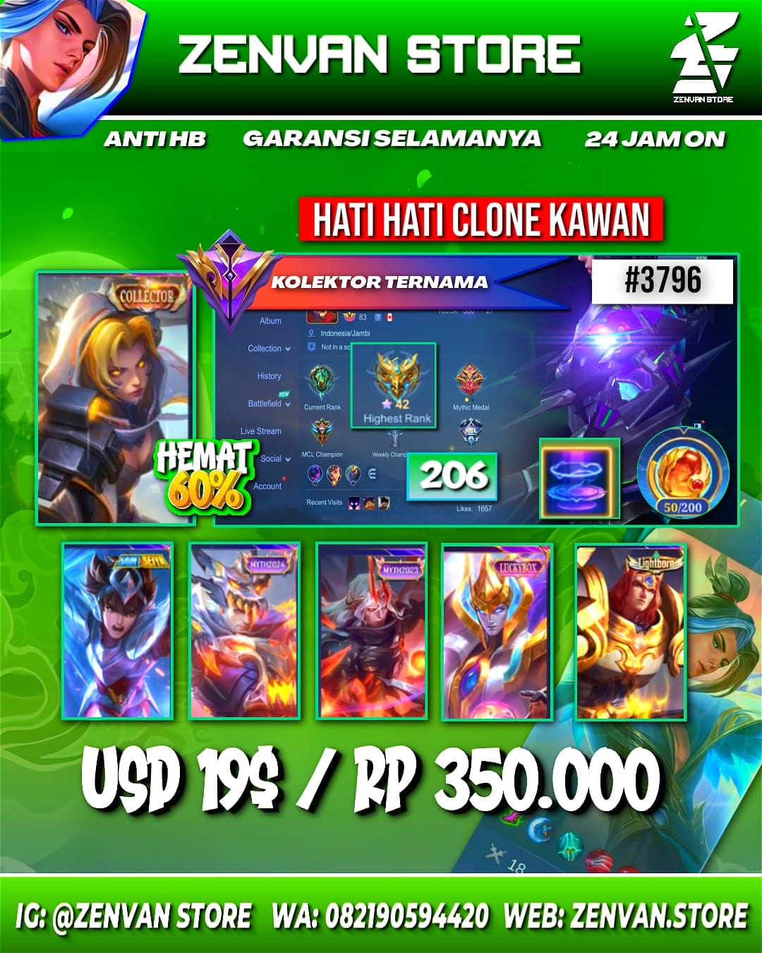 #3796 🔥 206 Skins 🔥 Collector Natalia 🔥 KoF Karina 🔥 Many Epic 🔥 Safe Account ✅