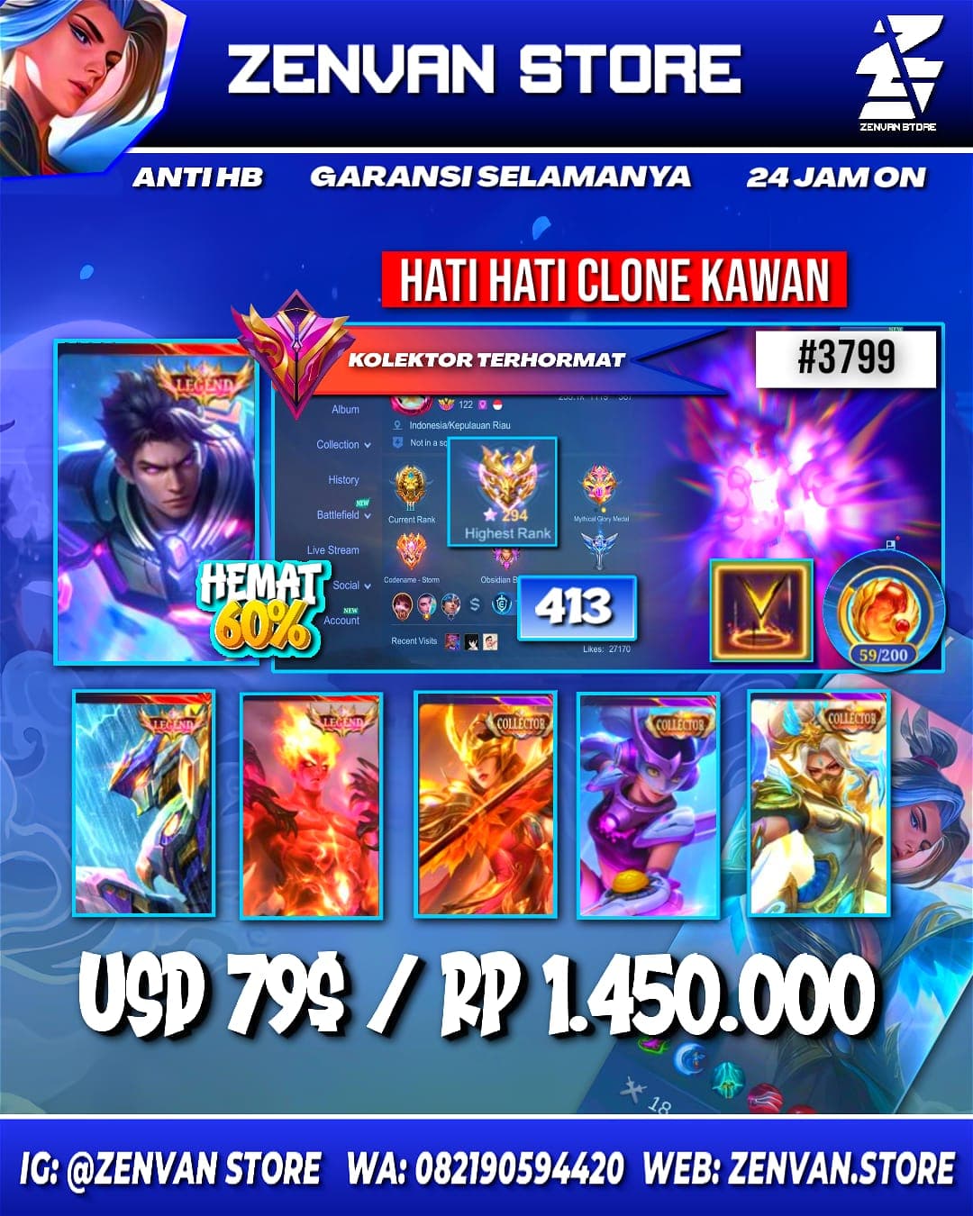 Foto akun ML #3799 🔥 413 Skins 🔥 Legends Alucard, Saber & Valir 🔥 Collectors Wanwan, Pharsa & Natalia 🔥 Full Stun 🔥 KoF Chou, Dyroth & Karina 🔥 Many Limited 🔥 Many Zodiacs 🔥 Many Epic 🔥 Safe Account ✅ - gambar 1