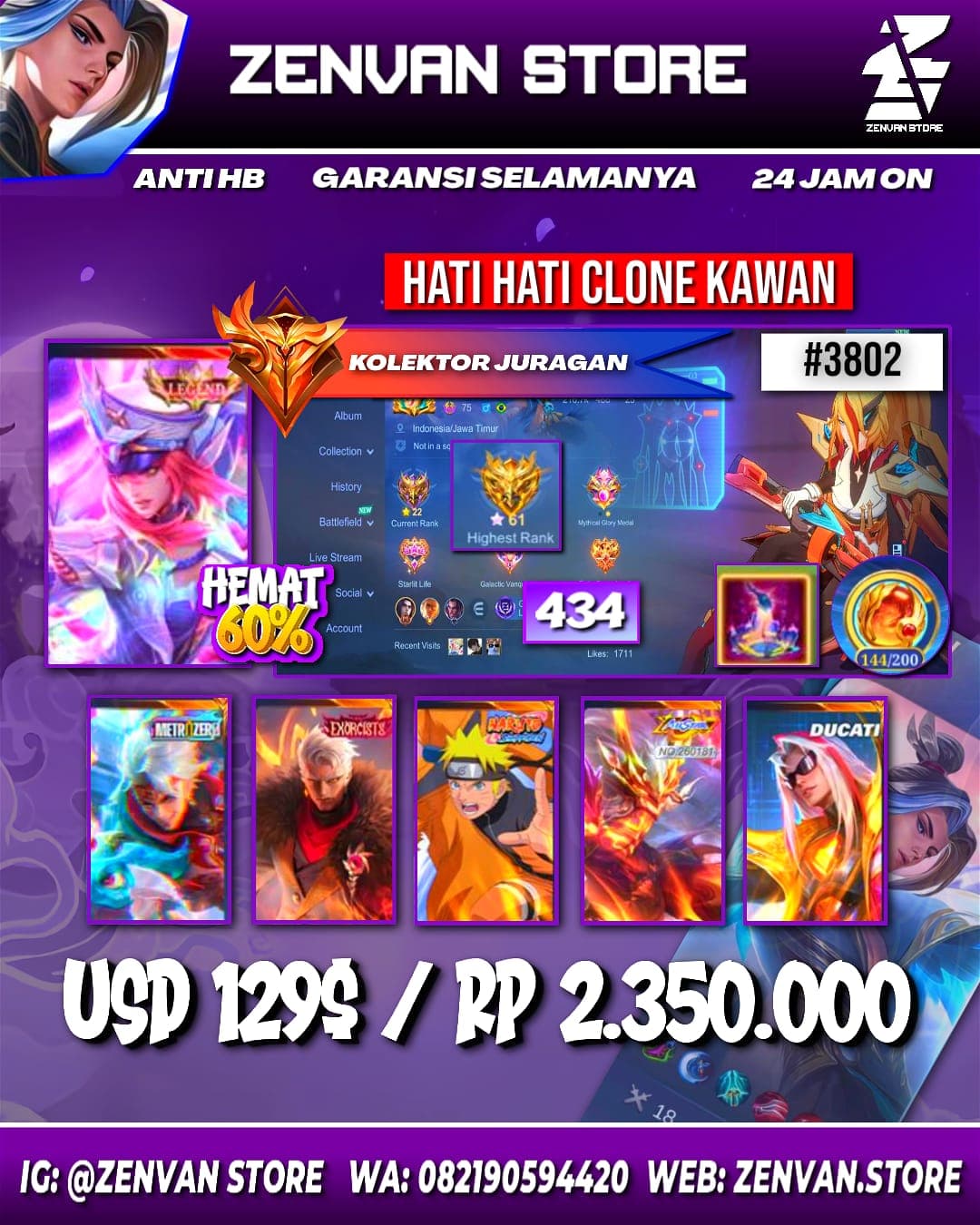 Foto akun ML #3802 🔥 434 Skins 🔥 Legend Freya 🔥 Collector Natalia 🔥 Exorcist Yu Zhong 🔥 Naruto 🔥 Zero X Borg 🔥 Internal Moskov 🔥 Ducati Leomord 🔥 Aspirant Lesley & Angela 🔥 Full Prime 🔥 KoF Masha, Paqui - gambar 1